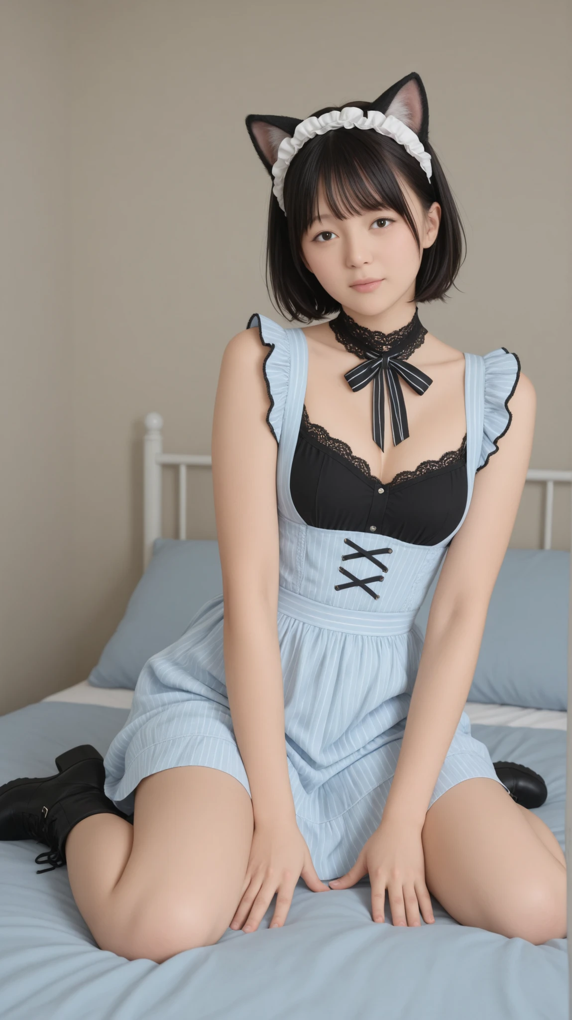 high quality fingers, Normal hands, detailed fingers,Masterpiece, (realisitic, Realistis:1.37), 40-year-old woman), Big breasts, small waists, black hair glamor, Blue Eyes, beautifull face, Perfect Illumination, Beautiful detailed eyes,looking up at viewer, stunningly beautiful woman, detailed hairstyle, detailed background, bedroom, bed, short skirt maid uniform,Lace panties,(stocklings,garterbelt), (((lying on back))), top-down view, let your legs come out,Spread your legs apart,(((Climax leading to orgasm,facial expression,)))