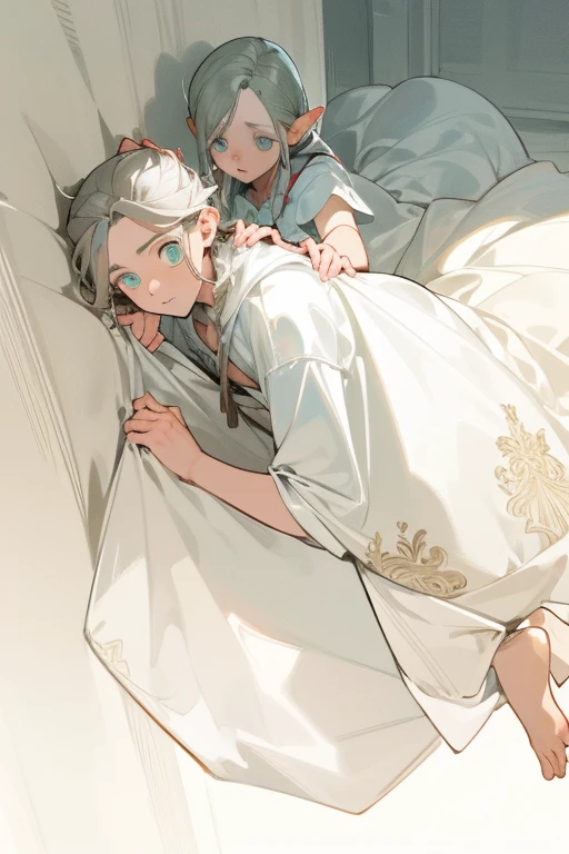 (Cute two girls:1.5),
(masterpiece:1.3), anime visual, (tilt head:1.3), extremely delicate face, realistic lighting and shading, (an extremely delicate and beautiful art:1.3), (muted colors:1.1), The sisters are sleeping in the same bed, the white-haired older sister is sleeping on her back, the lavender-haired, green-eyed younger sister is smiling with her pillow on her older sister's chest.