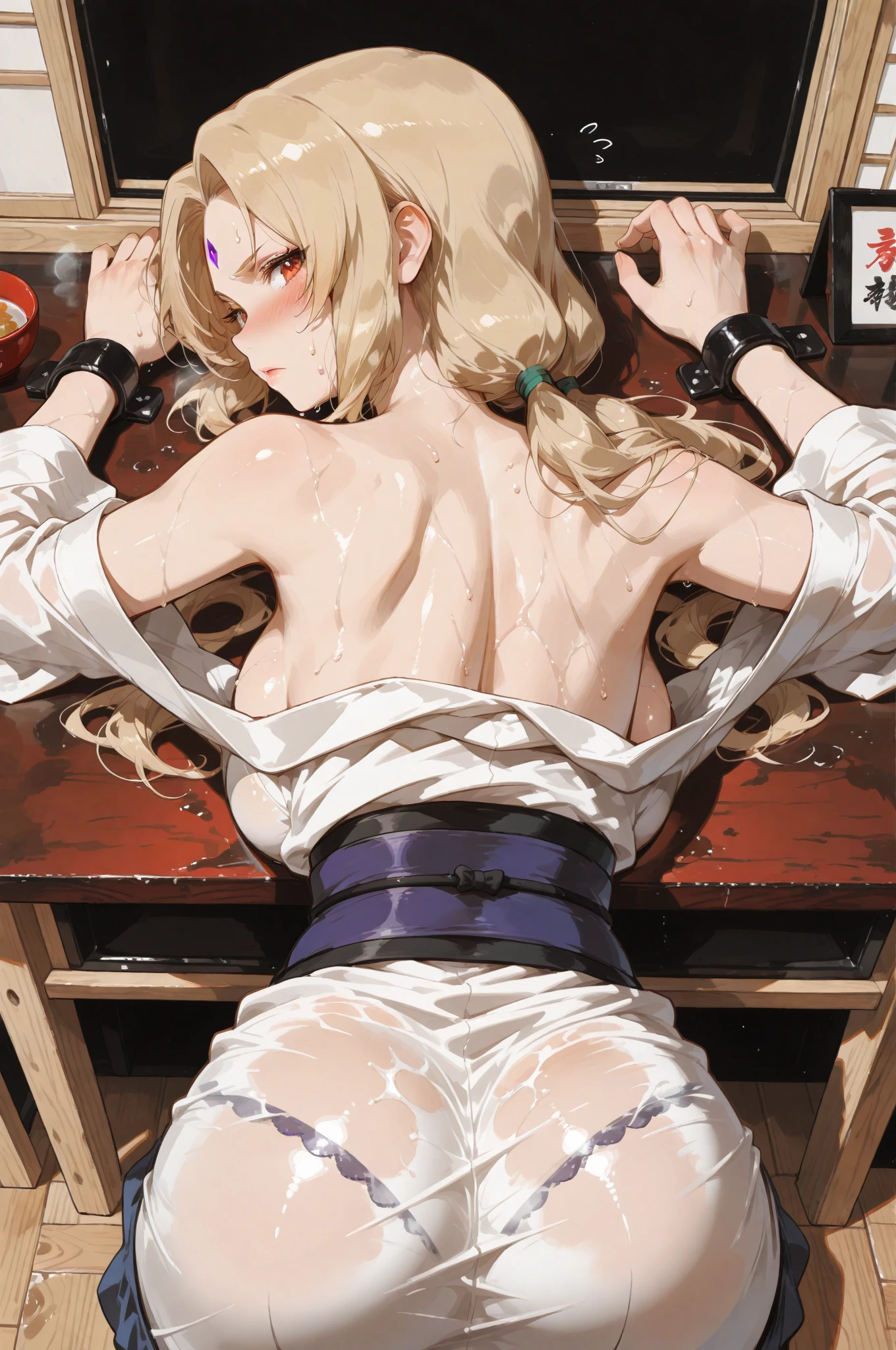 Shiny blond hair, very long hair, sophisticated haircut, ((((hair fully braided)))), ((small twisted braids)), thin and oval face, submissive, ((((naked)))), cute and blushing 18 years old anime girl, look away because she is embarrassed and blushes, bright blue eyes, detailed face, detailed members, detailed arms, detailed hands, Girl lying, tied by ropes, shackled, can no longer move, tied tightly, very hard tied up with lots of ropes, hampered by so many ropes that she can no longer move, bound hands and feet, ropes tie his whole body, tied extremely tightly and forcefully to her bed by a lot of ropes, its limbs are strongly tied together by ropes, his torso is tied up with thick cords, her chest is so tied up with ropes that it sticks out, her legs are tied tightly with thick ropes, his hands are tied behind his back with ropes, she can no longer move her feet, her hands which are tied by thick ropes, she desperately tries to free herself, likes to be tied tight with big ropes, likes to be immobilized by big ropes, lying down, his hands and feet are strongly tied to the railing of his bed, his legs are pressed together and tied with ropes, its limbs are held vigorously by imposing ropes, her hands are tied securely behind her back by ropes, her chest is compressed by strong ropes, she is pressed against her bed and restrained by large ropes, (shibari, arms behind the back:1.4), (hands on the back), (masterpiece, best quality) 1.5, 1girl, solo, (sexy, beautiful woman, perfect face, perfect eyes, perfect hands), samus aran, (hands on the back), Spread the legs, s' ((lie in bed by big ropes)), ((close up of the girl)), ((((lie in bed)))), ((((arms tied behind the back, Legs Tied,La fille est allongée sur le ventre, La fille est allongée sur le sol:1.5)))), ((((girl seen from behind:1.4)))), ((((girl lying down on her stomach:1.4)))), ((((Outstretched arms:1.5)))), ((((Detailed hands:1.5))))