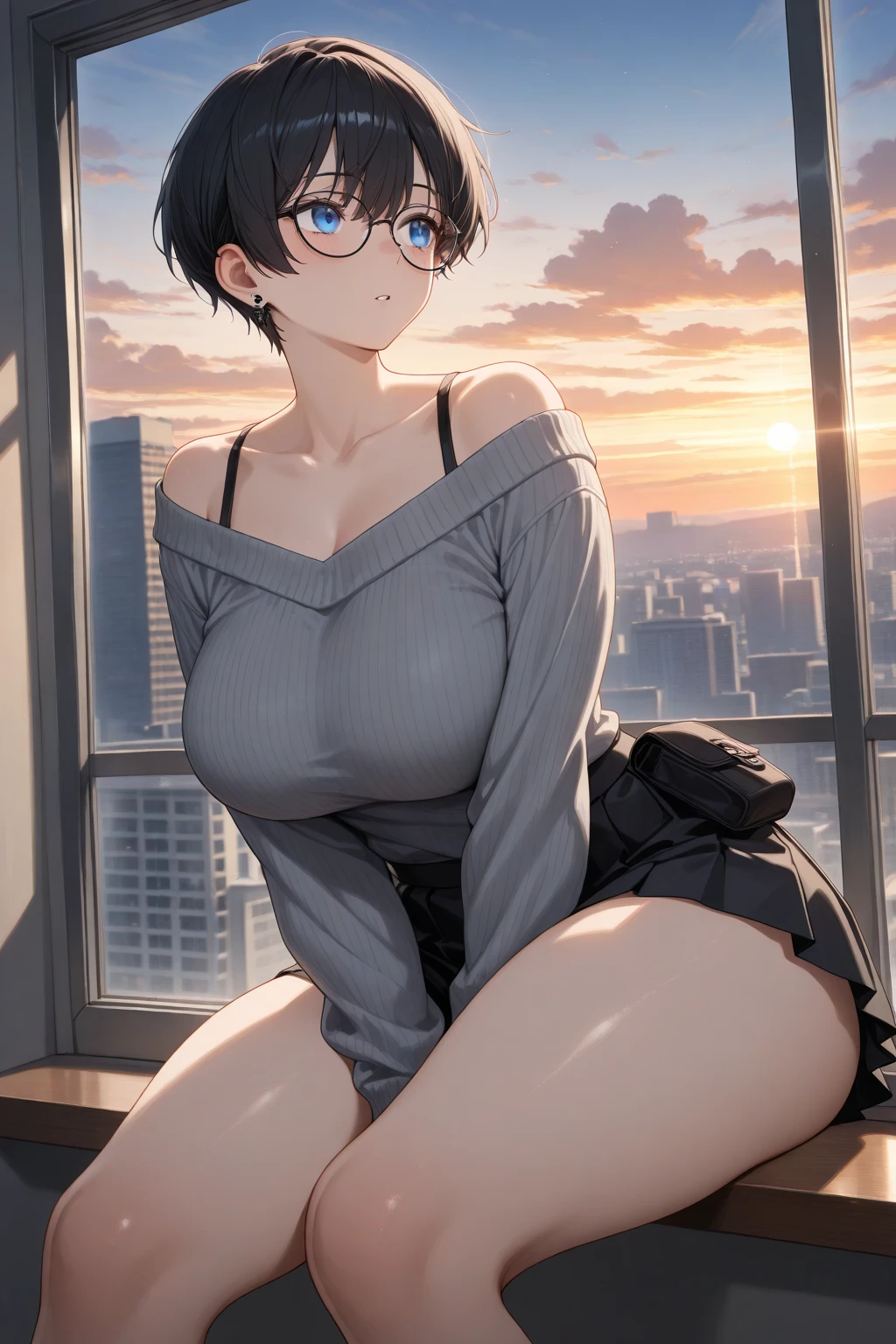 A high resolution,with short black hair,Black eyes,ultra - detailed,(1girll:1.3),(Large breasts 1.5),(cleavage 1.5),(Cute fan underwear 1.5),(ultra short skirt 1.5)Create a rooftop view in an urban setting,Features panoramic city views