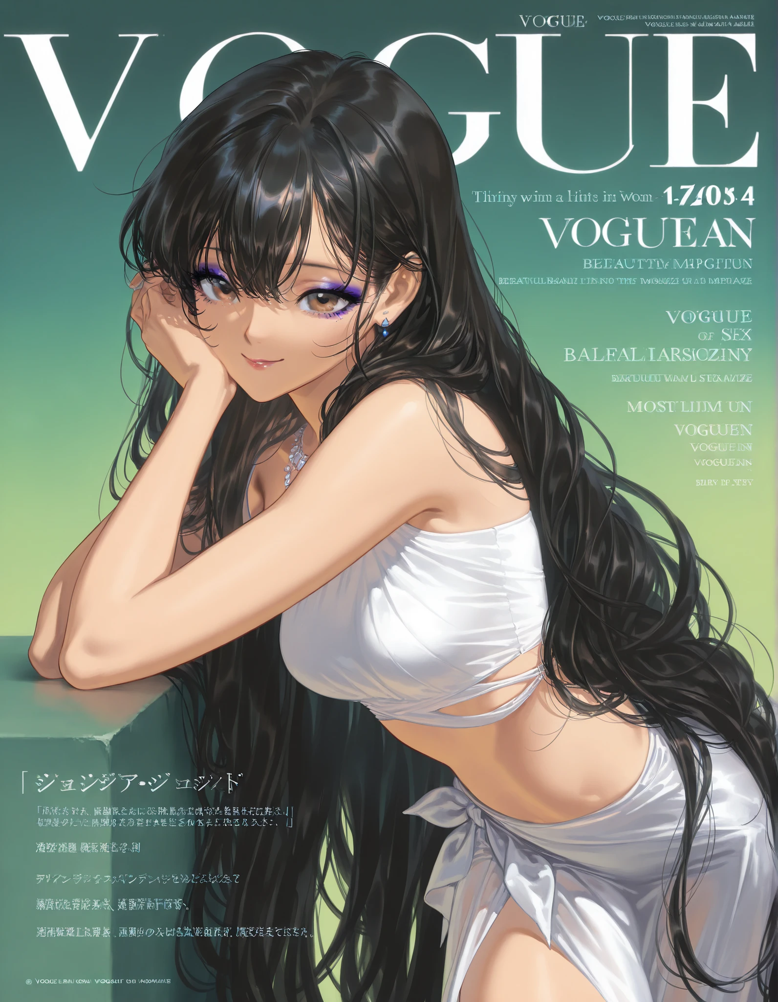 Magazine cover，sexy for，Eyebrows visible through hair，vogue，woman，校服，attention-grabbing，font，title，Gradient hair，Need，tmasterpiece，Background with