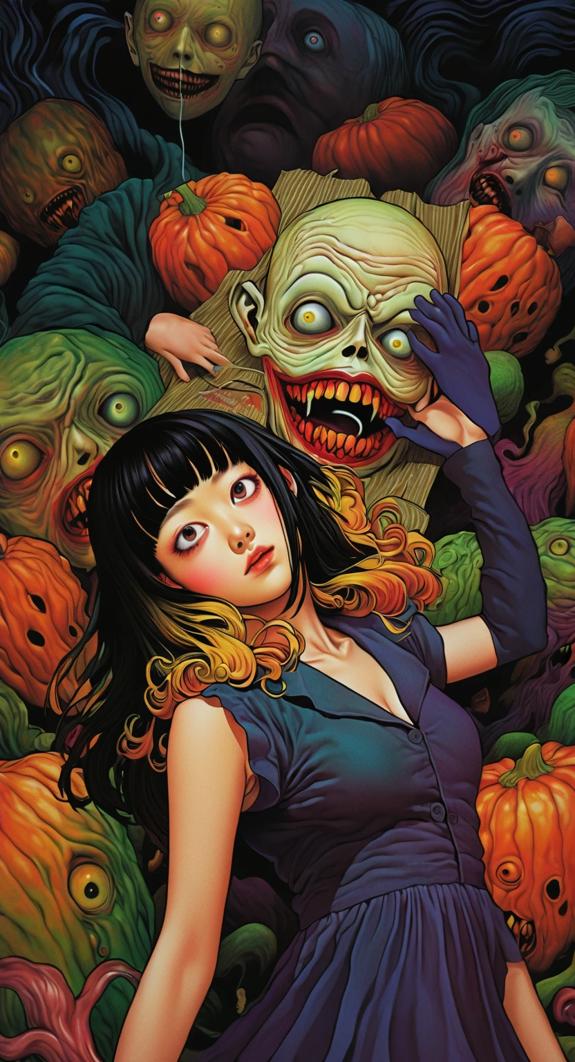 illust、art、from 80s horror movie, directed by Junji Ito、A woman goes on a date holding hands with a murderous man with a skull face、The killer is hiding a knife、high detail, realsitic shadow、Analog style, vhs style, 8mm film, chromatic aberration, Dvd screengrab、Blue-purple and red-purple gradation、Surrealism