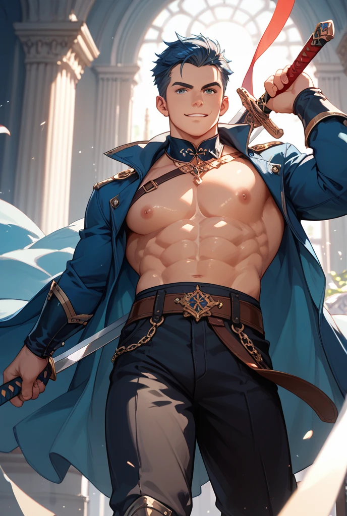 Fraction_9, Fraction_8_up, Fraction_7_up, Fraction_6_up, Fraction_5_up, Fraction_4_up, male focus, src_Japanese cartoons, only, grimace, vector_Art, flat 2d:1.2), Ocean盗, Ocean, topless, stubble, blue sleeveless jacket, closure_Mouth