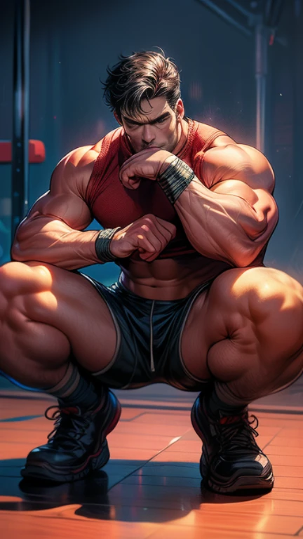 32k , masterpiece, best quality, detailed face, natural eyes, 1man,, muscled yet thin and mature MAN ,handsome hunk , thin waist,  stephen amell as an athlete  wearing a red shorts with bulge , sweating,, in a gym, doing salmon ladder hanging to a iron rod ,feet  in the air , view from down up