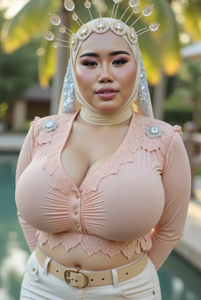 ((SHORT HIJAB)), ((Gigantic tits:1.7)), (dynamic photograph of a 58 year old Indonesian woman), (slim top, cotton panties), (straight non curly hair), (highly detailed face:1.4), (vascular muscles and abs:1.3), (background inside light, bright, private gym:1.1), (8k, uhd, dslr, high quality, cinematic lighting, bokeh), (dramatic, award winning photography, incredible masterpiece:1.3), (((sexy sultry stare at camera:0.8))), ((she is ready to dominate you:0.5)), ((beautiful feminine face)), add_detail:1, (((wearing ORANGE LACE fluorescence sleeping lingerie))), (((very huge bra:1.4))), from behind view seductive pose