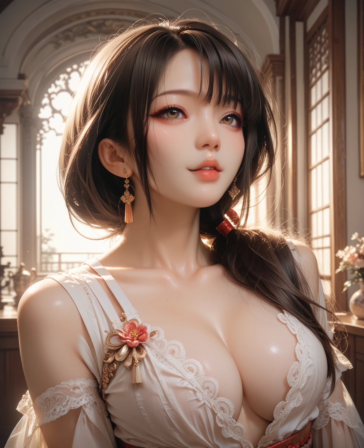 1 beautiful young girl, Super beautiful detailed face, (Slightly open mouth, sexy look:1.1), (Beautiful big breasts:1.3), (Slender body:1.2), (super stylish dress with wide open breasts:1.5), bare breasts, pubick hair, cameltoe details, (Fine face:1.2), accessories, earrings, conceptual art, High quality, Realistic, extremely detailed CG unified 8k wallpaper, ighly detailed, High-definition raw color photos, professional photograpy, Realistic portrait, Cinematic Light, Beautiful detailed, Super Detail, high details, Sexy Art, (((Bokeh))), depth of fields, illumination, gorgeous danner table, Super stylish lighting,