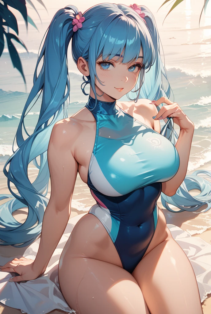 anime woman in a lightblue and purple swimsuit on the beach waving、long green hair woman、blue eyed woman、Braid、is wearing a swimsuit、ワンピースswimsuit、clothing:ハイカットswimsuit、swimsuit、A woman wearing a light blue and purple tank suit、ワンピースswimsuit着用、wet swimsuit、Light blue and purple high-leg racing swimwear、競泳swimsuit、Light blue and purple high-leg racing swimsuit、(anime woman)、on the beach、cute boy wearing tank suit、水泳競技用swimsuit、cute anime woman、cool boy wearing competition swimsuit、 cool anime woman、big breasts、woman with very large breasts、tall woman、adult sex appeal、in the sea、pretty anime woman、anime moe art style、Smooth anime CG art、Also、anime best women、naughty anime style、!!full body portrait!!、beautiful charming anime teen、