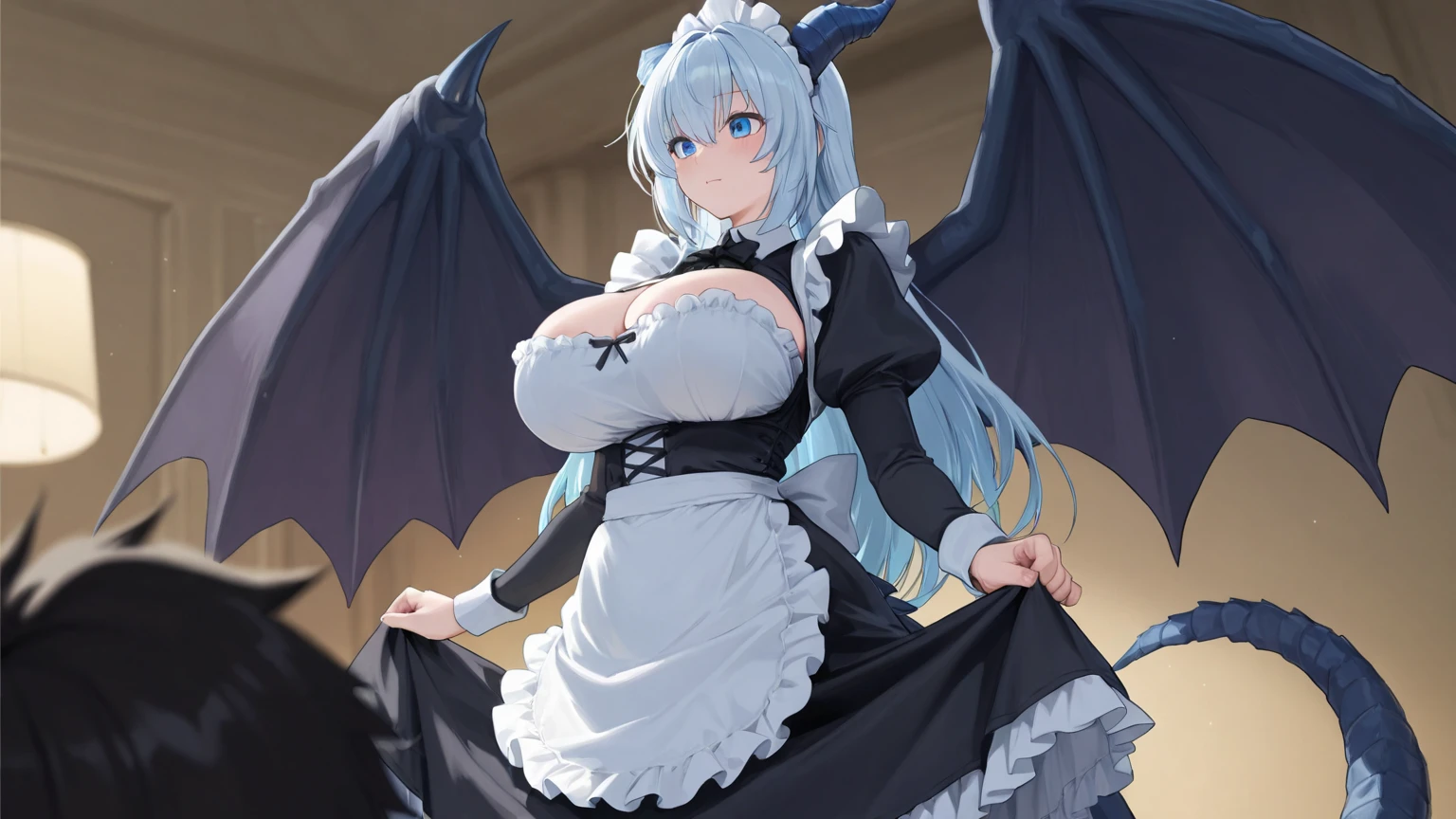 succubus maid bra and panties, high tights, huge boobs, blue hair with two tails, standing on feet, holding both hands in front, full body, white background