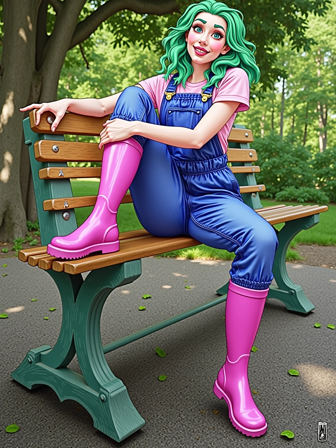 Saraffe sitting on a bench in a park wearing pink rain boots - SeaArt AI
