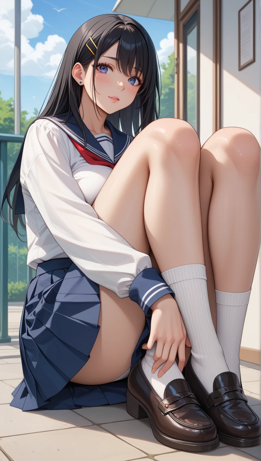 Highest quality，Detailed portraits，Sitting，(Girl showing detailed sole of right foot:1.4)，(Detailed and beautiful face)，(Beautiful deformed teeth)，Erotic tongue，(Beautifully detailed white panties with stitching)，Staring at me as if looking into my eyes，(A smile of pleasure)，(Sweating all over:1.5)，(There is a cloudy liquid on the sole of the right foot.:1.3)，Long, slender legs，(high school girl)，She is taking a picture of me with the camera in her left hand.，School classroom