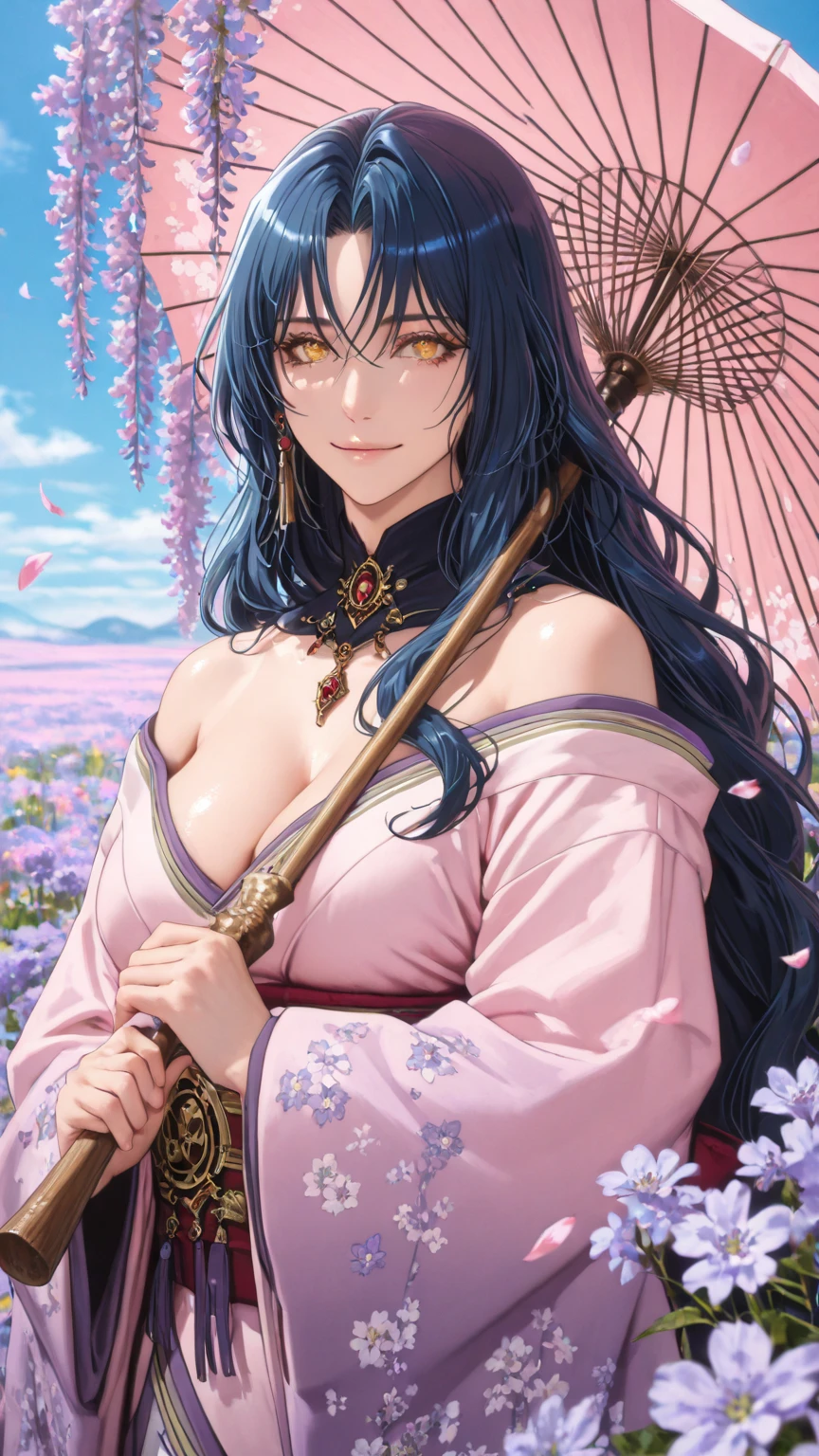 (masterpiece + best quality + finely detailed beautiful eyes:1.2), depth of field, bokeh, Dramatically lit, 1girl, solo,, outdoors, (at twilight + during spring:1.2), (straight hair + long hair + dark blue hair), (girl wearing kimono + off-shoulder ), pensive, yellow eyes, tsurime, (smooth and pale skin)<lora:urushi_satoV7:1.5>,nude