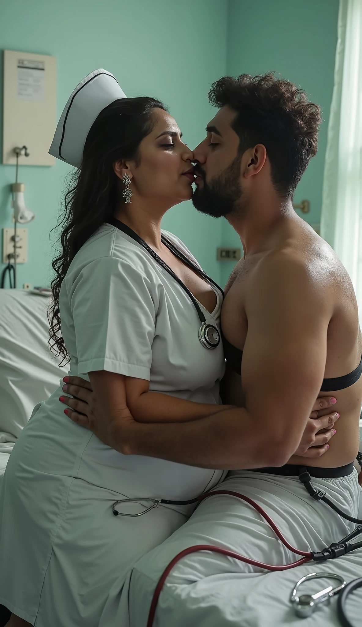 2woman bikini, 45 years Old, lesbian Hijab Indonesian mature woman, Big : 12.9, huge suit,curvy body, full body, sharing lustful kiss, hug and groping bteas, professional shot, at doctor office.