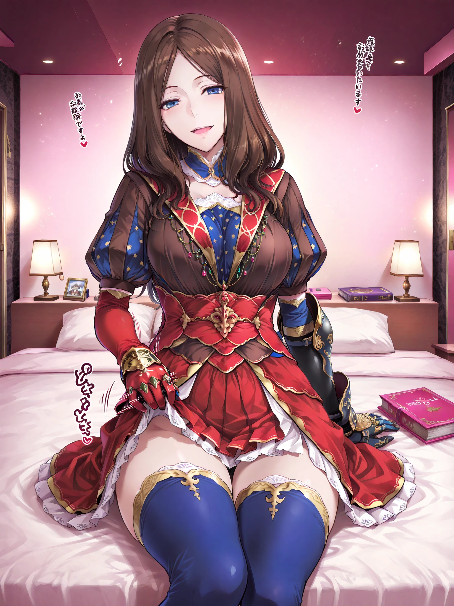 bedroom, sunny, lethor_(vindictus), 1girl, solo, long hair, ponytail, blue eyes, large breasts, hair ornament, earrings, fingerless gloves, cleavage, jewelry, necklace, armor, shoulder armor, brown hair, hair stick, high heels, pantyhose, <lora:Lethor2_lora-10:0.8> incoming kiss, close view, <lora:incoming_kiss:1>