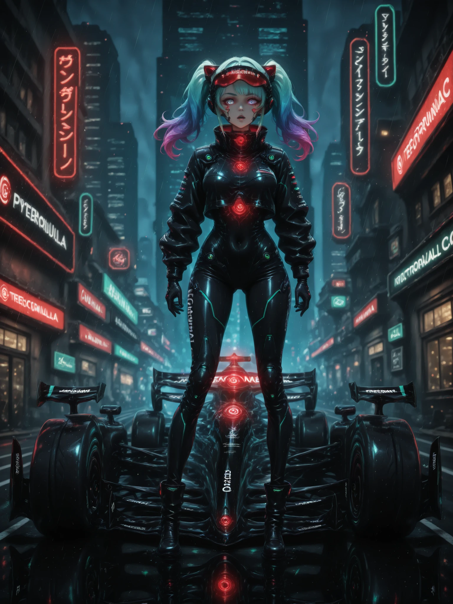 A female Formula 1 pilot in a neon-lit Cyberpunk, standing next to a high-tech, glowing F1 с голографическими панелями. Her racing suit is black and iridescent purple, with glowing patterns and neon blue inserts. car She wears a high-tech, visor and her boots and gloves have built-in LEDs. The rain-drenched asphalt reflects the light from the signs and the car. The atmosphere is dark and futuristic with bright neon accents.  Keywords : Cyberpunk, neon lights, futuristic technologies, LED костюм,  city night , Rain reflection, sci-fi motorsport, glowing F1. formula 1 racing, Formula 1 racetrack,  
