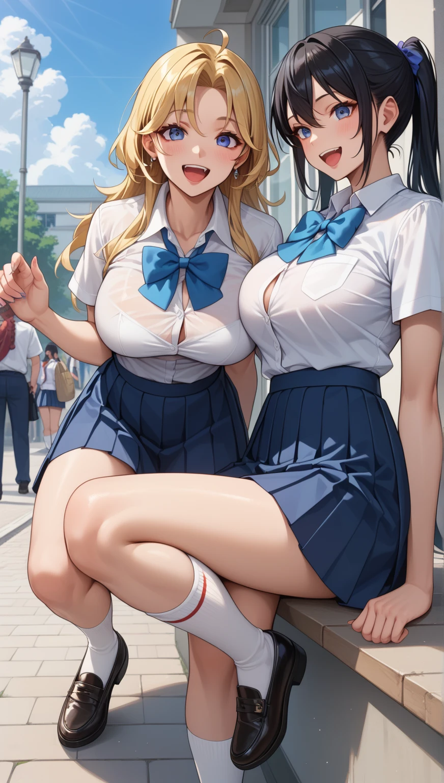 Anime Moe Art Style,Highest quality,High resolution,Anatomically correct,Multiple Girls,Mid-teens,color々Hair style,Super detailed,Big Breasts,Shiny skin,Beautiful Skin,A rich expression,Bright smile,high school girl,Gal-style girl,Nipples are visible,classroom,blazer,mini skirt,Showing off her removed bra,sexy,Eyes drawn in detail,8k