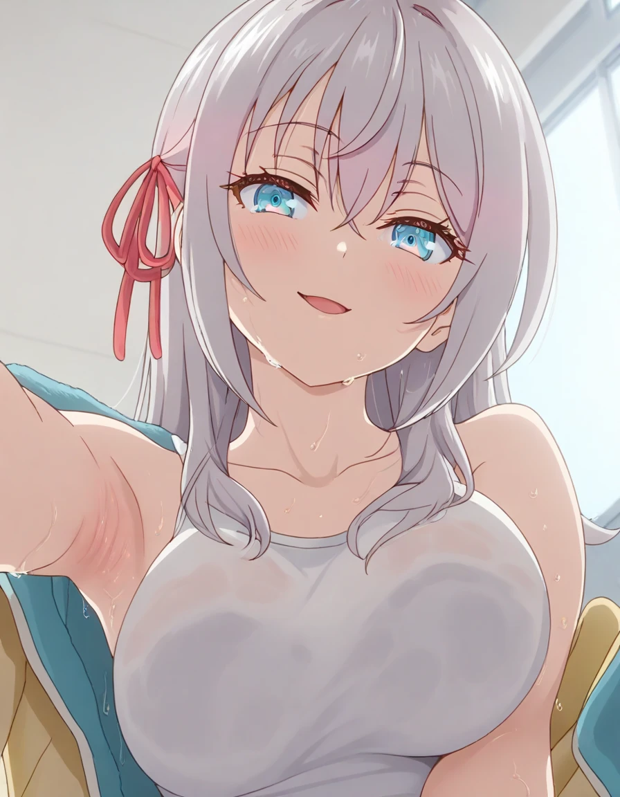 (masterpiece:1.2), hyper detail, best quality, (intricate_details:1.1), beautiful detailed, beautiful hair,Pupil details, solo, 1girl,,fenrys, wolf girl, longhair,big breasts, choker, collarbone, white dress, cleavage,grey hair,very long hair,blue eyes,wolf ears,pointy ears,choker,white dress,upper body,sweating,heavy breathing,steam,blush,greasy shoulder,from below,looking down,flipped hair,armpit,greasy armpit,from side, shoulder focus,blurry_background,sweating,greasy shoulder,from below,looking at viewer,flipped hair,armpit,greasy armpit,from side, shoulder focus,((armpit focus)),bare shoulder,upper body,five fingers,five fingers,((greasy armpit)),((smooth armpit)),((Pupil details)),((Stretch oneself)),((hand on chest)),((five fingers)),((Detailed armpit)),((elastic armpit)),((soft armpit))pov,