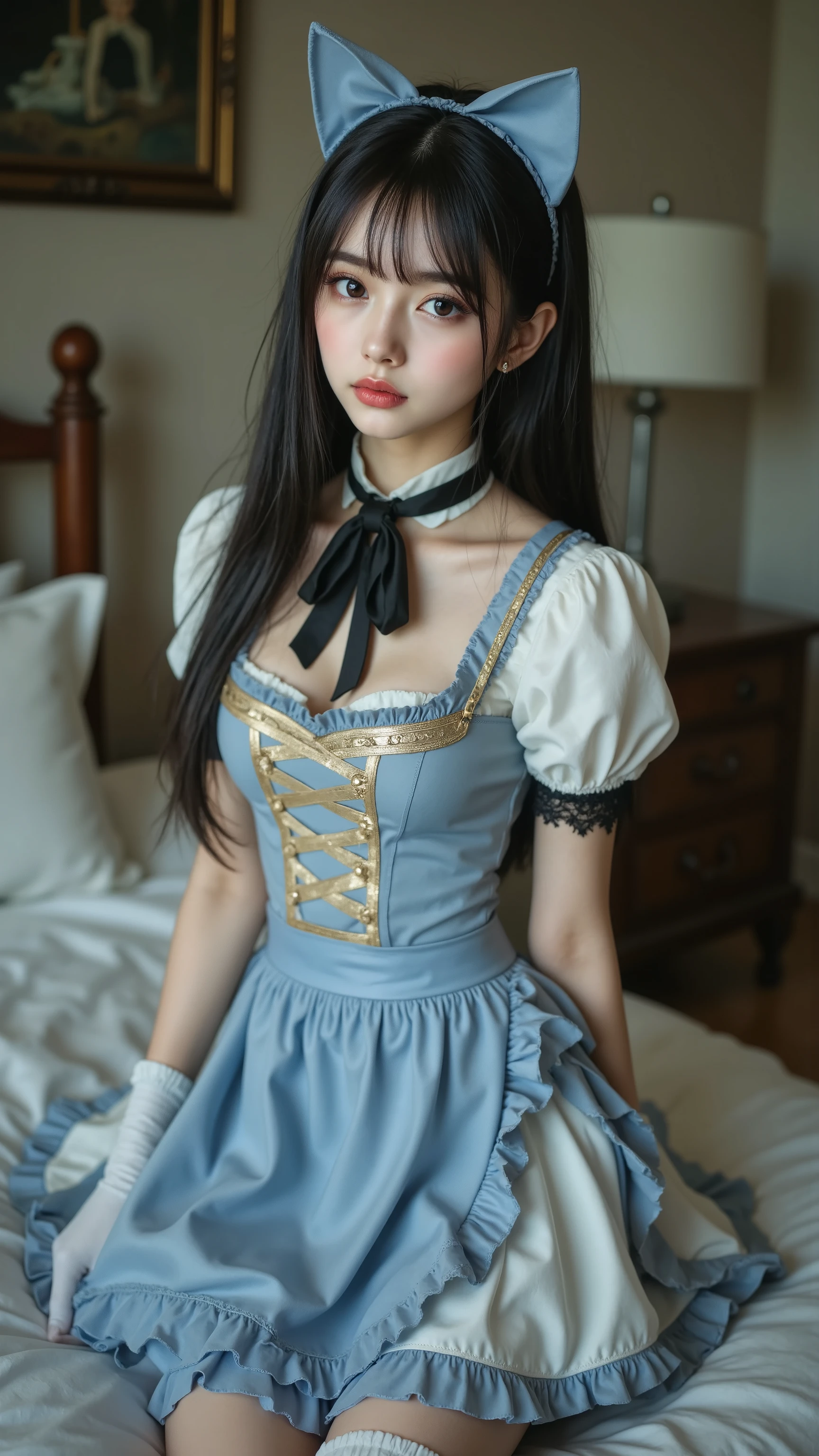 High resolution, extremely detailed, facial enhancement, mansion, an innocent and cute eight-year-old girl, princess mini dress, white stockings, de pie,
