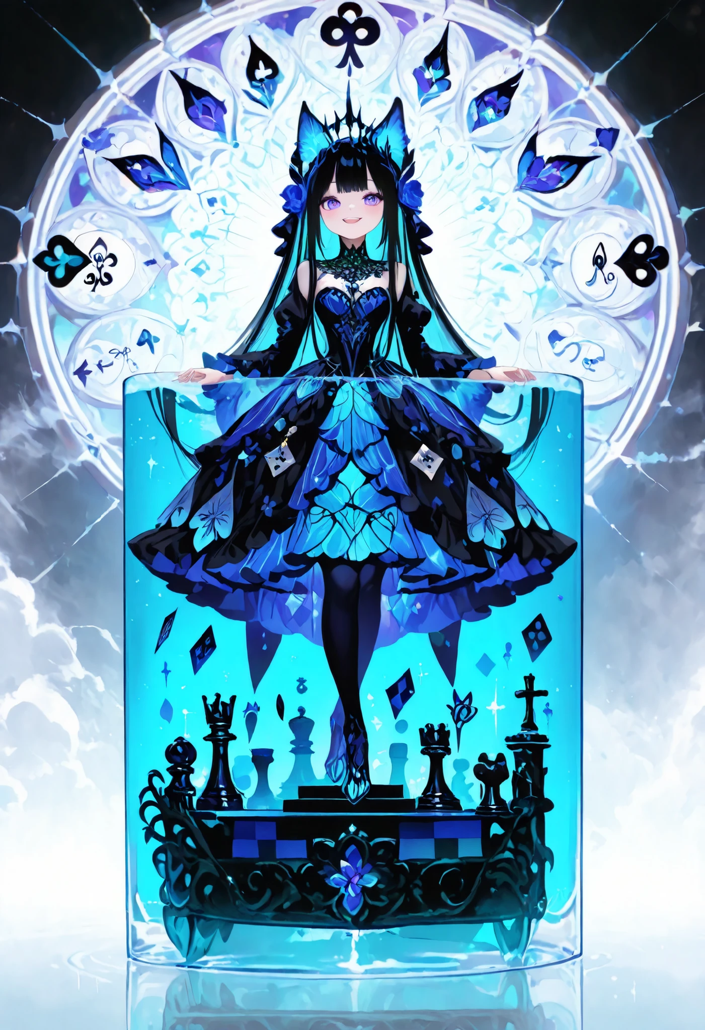 A surreal, mysterious and detailed portrait of Alice stepping through the Looking Glass. She stands on a fragile glass bridge hovering over an endless chessboard where the pieces come to life and move by themselves. All around is an interweaving of mirrored portals reflecting her image in endless variations: an adult, a child, a queen, a fool. Her dress is a shimmering mix of blue and black silk with patterns of card symbols (spades, hearts, clubs, diamonds), and her hair glows with a soft moonlight.In the background, there is a reverse clock floating in the sky, and giant chess rooks turning into castles. The Cheshire Cat hovers near Alice, his smile stretching into a spiral, disappearing into thin air. Below, in the mirrored waters, her shadow is reflected, but it's not her — it's a dark twin with purple eyes and a crown of thorns.Style: dark fairy tale with elements of Victorian Gothic and surrealism. Details: hyper-realistic textures (silk, glass, fog), magical lighting (bioluminescence, glare on mirrors), depth of composition (multi-layered reflections). Mood: mesmerizing, slightly anxious, with a touch of melancholy

