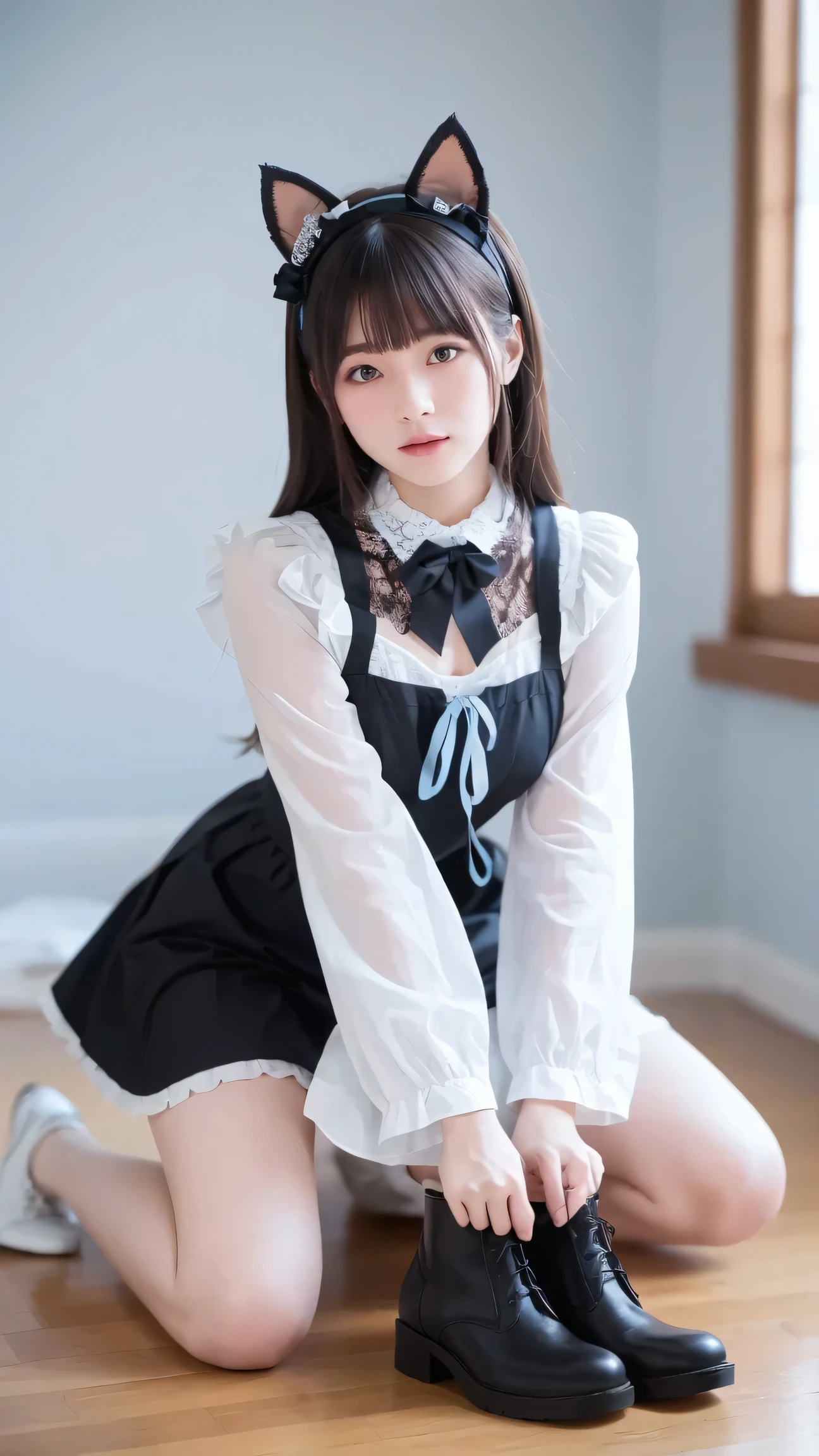 (8k, raw photos, top quality, masterpiece:1.2), Highly detailed RAW color photos, professional photo, (realistic, photo realistic:1.37), (top quality:1.2), Cinematic Light, (Very detailed face:1.2), (masterpiece:1.5), 1girl, solo, upper body, waist, black hair, attractive poses, Exquisitely Designed Outfits, modestly gold on a two-color block of light blue and white dirndl DECORATION , black lace collar and puffed sleeves with multiple layers , Pastel Gothic Style Apron with Lace and Ruffles on Light Blue and White Layers, Sleeveless Design with Ruffles and Black Lace Trimming on Light Blue Straps, white high collar blouse elegant , black lace collar and puffed sleeves , light blue and black striped tie gracefully tied to a light blue and black striped tie , Floppy ribbon , pale blue platform boots with black lace accents and ruffled edges, black lace arm cover , Light Blue Cat Ears Maid Style Headband, black bow, Bedroom, (top quality, best quality, masterpiece:1.3), Ultra High Definition,