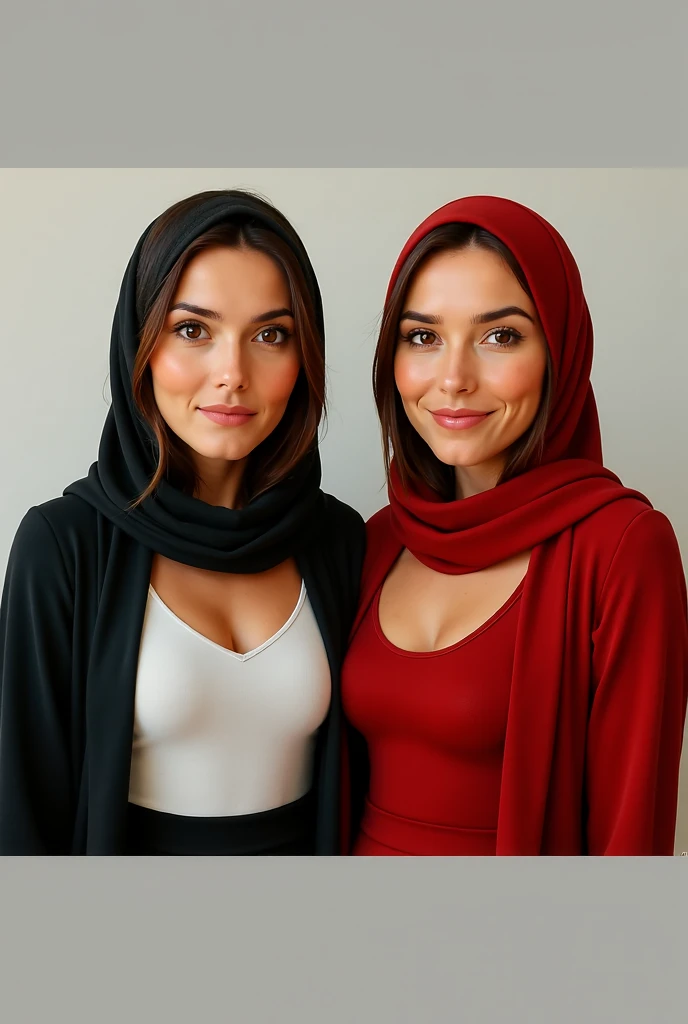 2girl, two hijabis, sexy, big boobs, big hips, curvy body, big gigantic giant breast, slim belly, big hip and ass, erotic fashion style, different colors, tight clothes, wear jilbab, two different human races, women, mature mom face, so pretty, beautiful, sensual body, ultra realistic, hd quality, reality pose