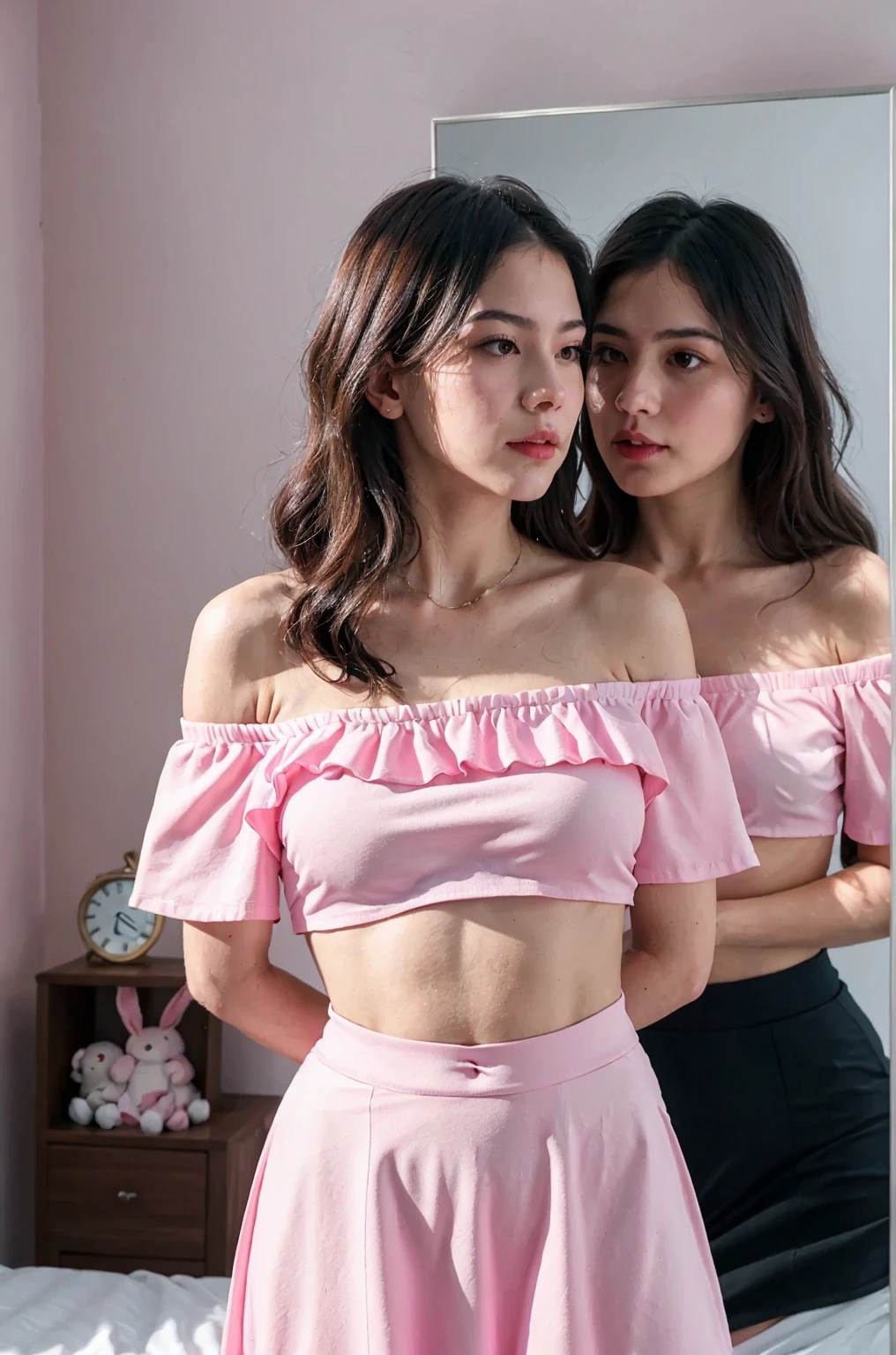 An award-winning photograph of the stunning (slender slim:1.4) (young:1.2) [teen:0.7]  (emb-babs) (in her 20:1.4) (with her magnificent girlfriend). (seductive smile:1.3). perfecteyes eyes. .uncensored, (nsfw:1.4). 
BREAK. hourglass body shape (narrow hips:1.5), round ass, (medium fake breast:1.3), (thin legs:1.5), (toned:1.4), (athletic:1.4), (blushes:1.2). 
BREAK. wearing undersized (detailed blue top, short sleeves, zipper, pink short skirt, navel, cleavage , cameltoe pussy:1.4), (intricate apparel ornate with lace), (fancy clothing), (braless:1.4), covered nipples, (belly:1.3), (midriff:1.3), (navel:1.3) , (jewelry), (rings), (bracelets), (necklace), (earrings). BREAK. (alluring:1.4), [(feminine), (attracted to viewer:1.2), (charmed by viewer:1.2), (ravishing),(sensual:1.4), (nubile:1.2), intense,passionate,bitch,lush,nerd,lubricous:0.7] BREAK. (arching her back , girl arching her neck), BREAK. (chakumomi , pov hand , breast grab,), in a behind an open fridge full of food. [StarWars themed]. BREAK. BREAK. RAW, analogue, (deep shadows), (hard lighting, light rays) (natural skin texture, hyperrealism, soft light, sharp), (best quality:1.4), (masterpiece:1.3), (realistic photo:1.4), skin pores, scattering, radiant light rays, high-res, detailed facial features, high detail, sharp focus, smooth, aesthetic, extremely detailed, (extremely detailed eyes, extremely detailed iris:1.4), extremely detailed hair, extremely detailed skin, extremely detailed clothes, octane render, Unreal Engine, post-processing, max detail, roughness, natural sk