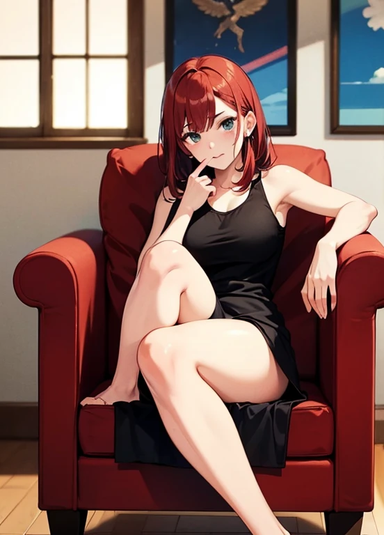 woman 20 years, redhead hair, short curly hair, (Best Quality, Masterpiece: 1.1), (Fidelity: 1.4), (nfsw: 1.5), (Setting: Study room), (bright lip gloss, red lipstick, lots of eyelashes, dark black eyeshadow), lewd look, purple pupil, lascivious smile, blushing, freckles by the body, high quality, high resolution, necklaces, chokers, earrings and bracelets, saggy breast, translucent lace panties, translucent lace small bra, breasts are about to come out of bra, bra is about to burst, chest peak is protruding, chest peak shape is clearly visible, translucent white shirt off shoulder, full body, beautiful skin, beautiful legs, lots of exposure, very sexy body line, lascivious body, sitting in armchair, legs open, bare crotch, camel paw, detailed hairy pubic anatomy, hard chest beak hard, looking at the viewer, pov from below,