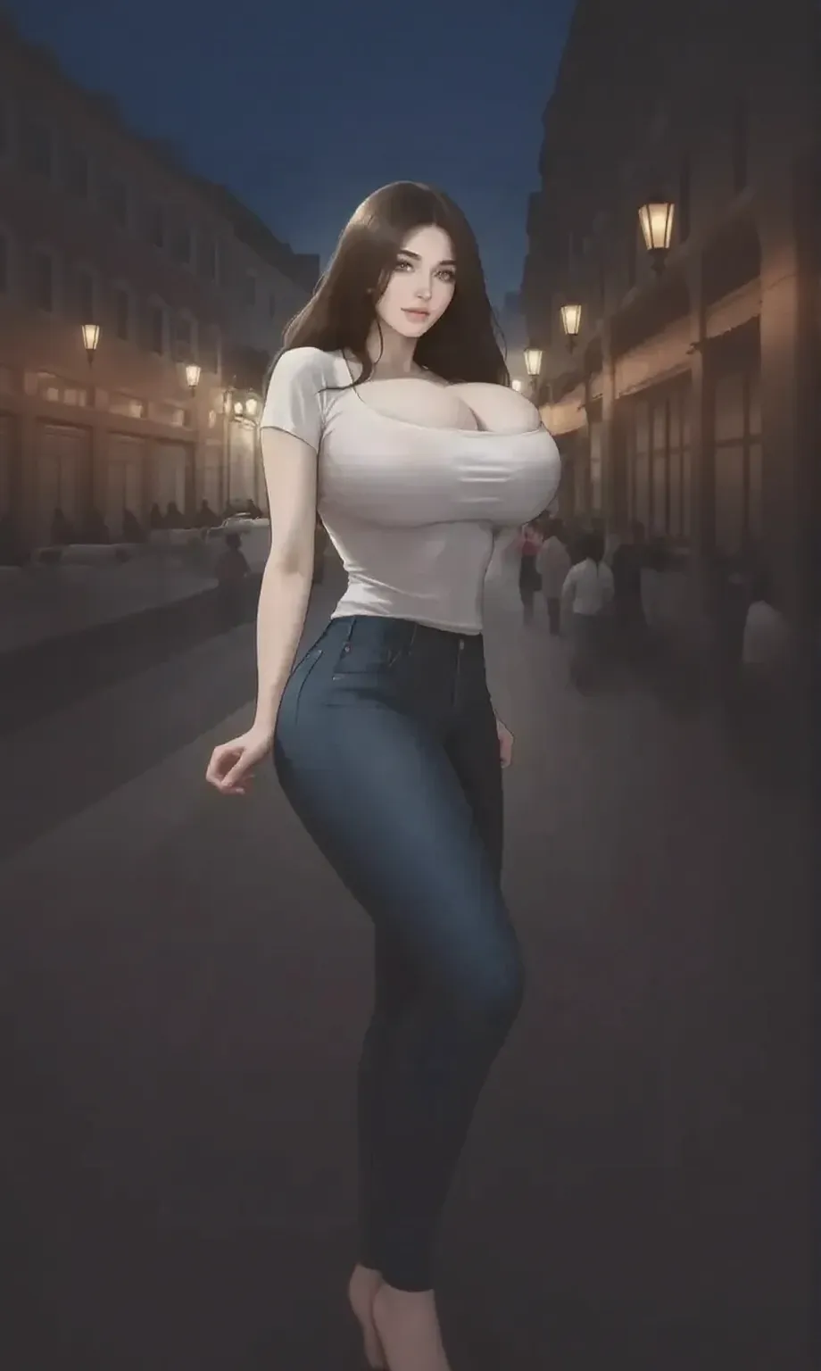 1GIRL, SOLO, (ssmile, makeup, beautifull eyes, red libs), (HUGE FAKE BOOBS:1.3), (WET T-SHIRT CROP TOP, CLEAVAGE, SKINTIGHT JEANS PANTS, HIGH HEELS:1.5), (SLENDER BODY, SEXY LONG LEGS, FULL BODY:1.5), (LOOKING AT VIEWER:1), (WALKING DOWN ON STREET CYBERPUNK MIDNIGHT CITY:1.3), PHYSICALLY-BASED RENDERING, ULTRA HIGHT DEFINITION, 8K, 1080P.