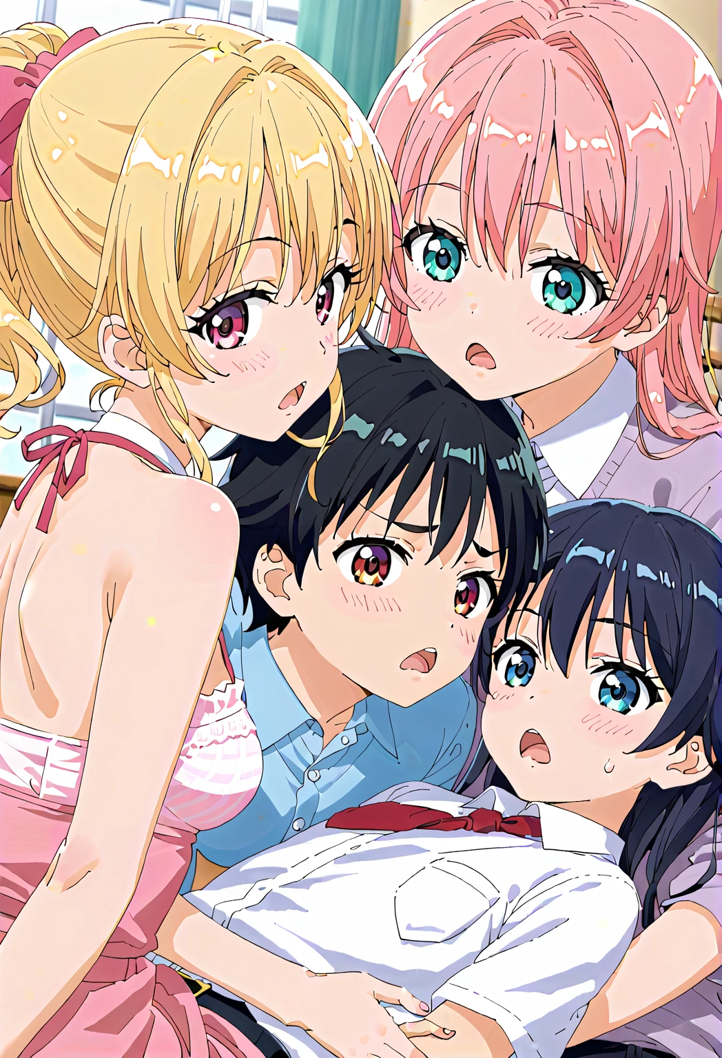 A naked middle-aged man has sex with a small-breasted girl with black bob hair, who is crying on a train, has erect nipples, pale pubic hair, is topless, and is wearing floral panties and a checked skirt, but is shy and scared and resists.、whole body