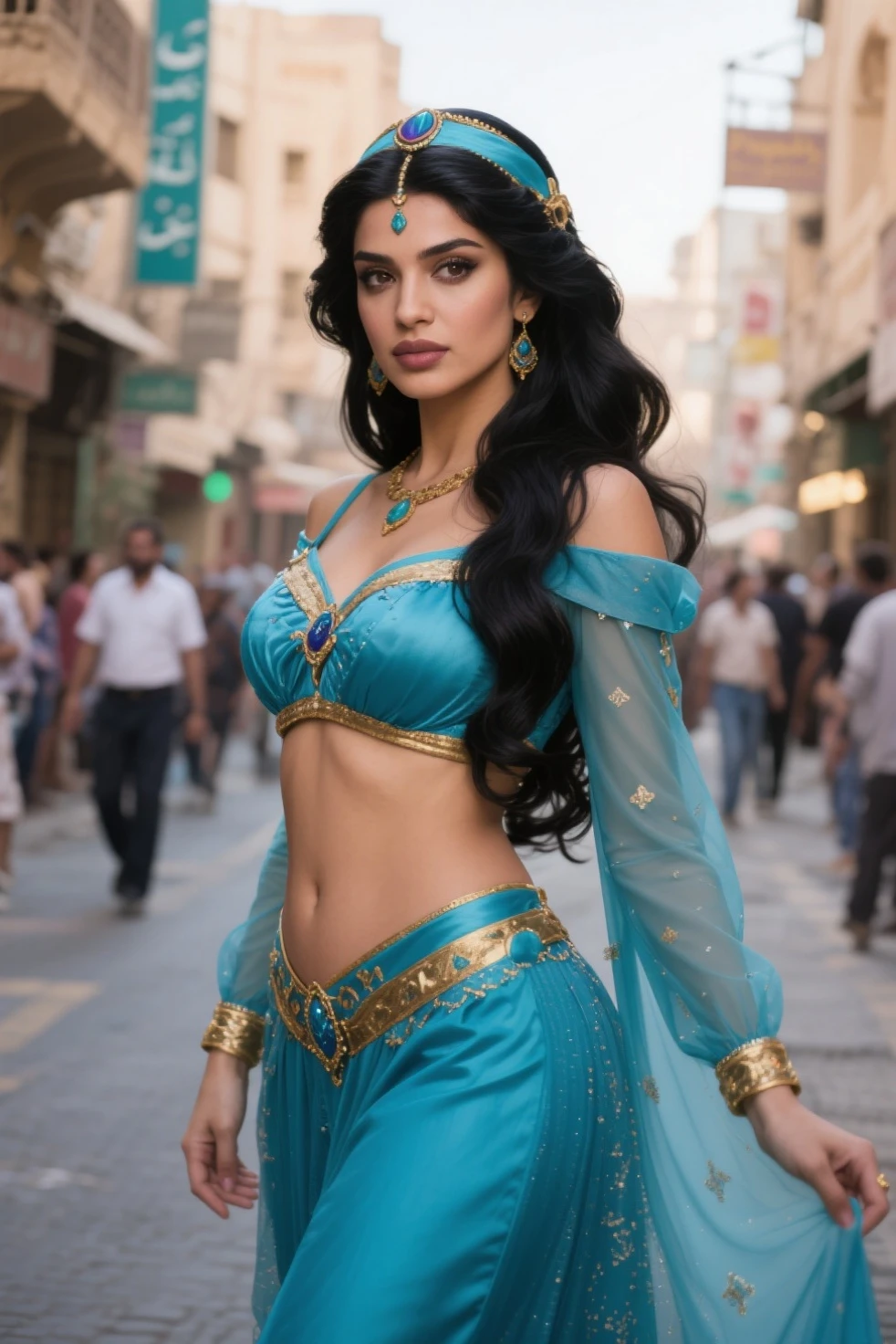 One girl, Dynamic pose, Dynamic Views, Esmeralda, hair band, Exposing shoulders, dress, puffy short sleeve, corset, Purple Skirt, Long skirt,(((Realistic, Ultra-realistic, RAW Photos:1.2))),masterpiece, Highest quality, Intricate details, 8K Ultra HD, Perfect Face, Perfect Eyes,shoot from below,wind from below,clear sky,puffy nipples,(white panties),