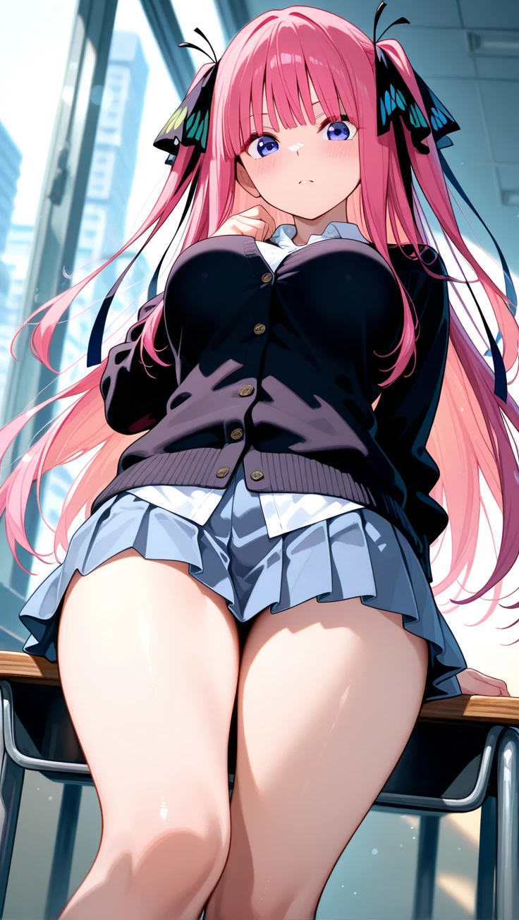 This meticulously crafted image presents a captivating Eurasian anime teen girl, exuding a perfect blend of cuteness and adorableness. Shot from a very low Dutch angle behind her, the image reveals her unexpected reveal of a pink panty, adding an element of surprise to her innocent appearance. The depth of the shot highlights her surprised expression, turning to face the unseen observer, shrouding the scene in an air of intrigue. The uniform she dons, a contentious school-provided design, showcases her youthful energy and innocence, with a subtle cameltoe accentuated by the striped sky blue panty thong, captured in this suggestive upskirt