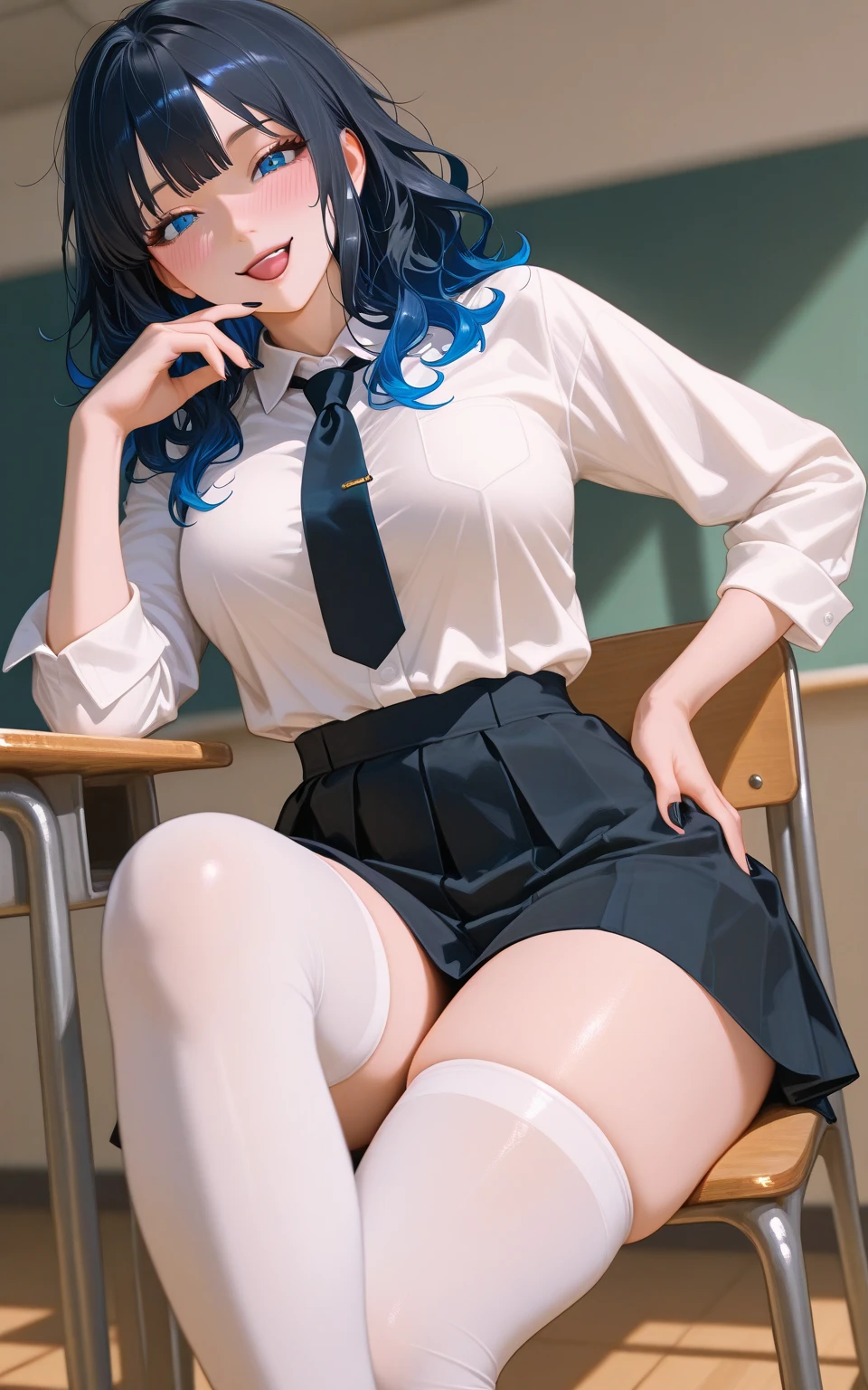 Best quality, ultra-detailed, girl 21 years old appearance = “средние blue hair”, “brown eyes”, “Wears glasses”, “pierced lip and tongue”, “Height - 165”, “идеальная грудь”, “Elastic butt”] [Clothing = "maid uniform, short skirt", "No bra", "секси thong", ((uncensored)), ((back view)), ((Very detailed clothing)), ((leaned over)), ((best ass)), ((sexy panties)), вид сзади, показать задницу, извращенка, возбуждена