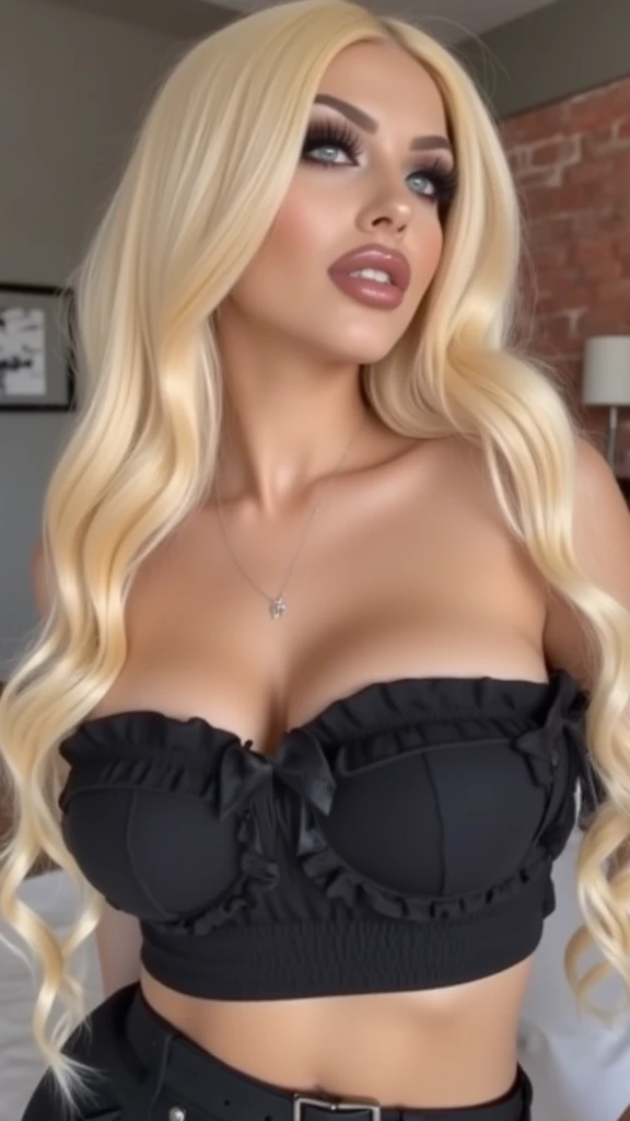 mulher blonde, praia, sbikini, decote, vaidosa, vestido rosa, batom vermelho, large lips, uma personagem alegre no estilo Disney Pixar