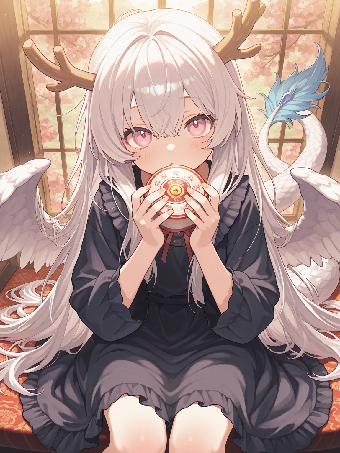 (((masterpiece, best quality, very aesthetic, absurdres))), High-definition background, bright atmosphere, (solo, 1girl), Morning Light in the Kitchen, KitchenRoom, ((large serving rices on table, rice balls, white rice,foods)), BREAK, (aananase), cleavage, (covering breasts:1.4, hand on own breasts, hand on own face, finger to mouth), long hair, twintails, drill hair, halo, fake animal ears, pointy ears, hairband, x hair ornament, [large breasts:0.6], (feathered wings), white dress, bowtie, belt, sleeveless, detached sleeves, white pantyhose, (looking at viewer:1.2), embarrass, blush, BREAK, breast press, bare breasts, bouncing breasts, puffy areola, puffy nipples