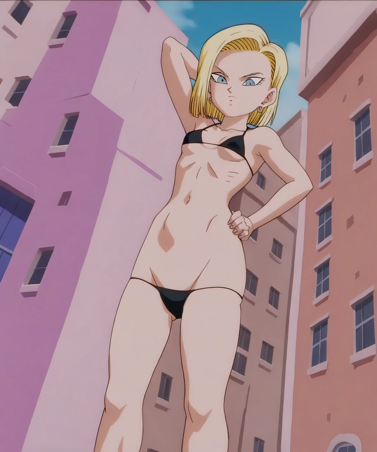 source_anime, score_9, score_8_up, score_7_up, anime screencap,
detailed face, android 18, classic look, 1girl, solo, looking at viewer, short hair, blue eyes, blonde hair, collarbone, standing, arms by side, angry, cowboy shot, hoop earrings, messy hair, standing up, bra, panties,bend over, sexy, ((thick thighs)), (ass), (bedroom), back
