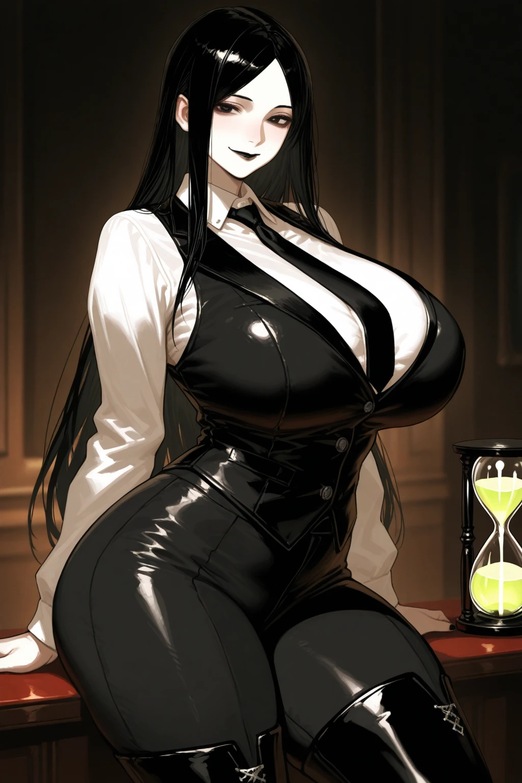 curvy hentai girl, succubus with horns and black hair, highest quality、High resolution、detailed crowded background、beautiful and detailed face、beautiful and smooth skin、skin texture, (huge breasts:1.1), drinking coffee
