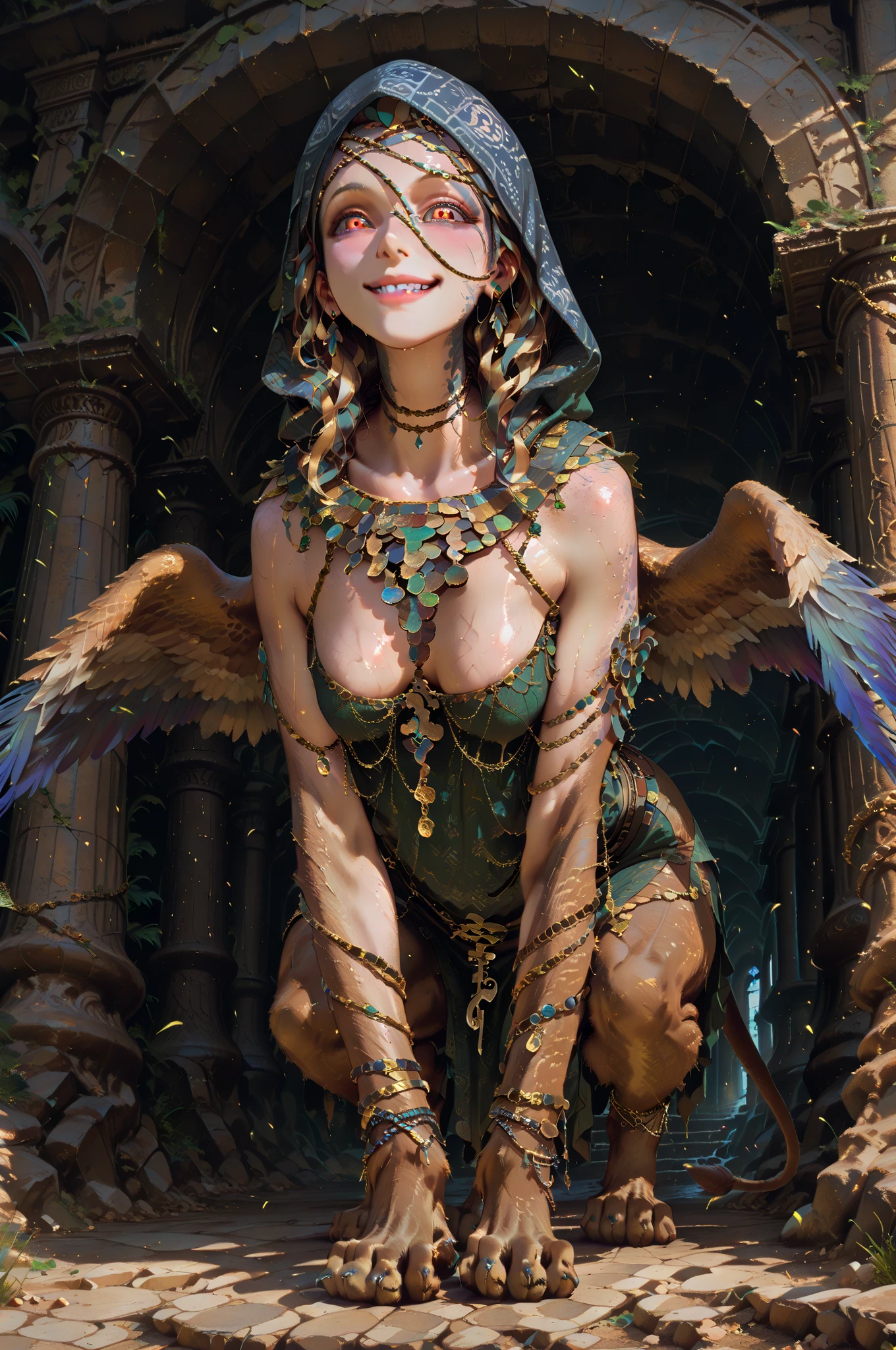 masterpiece, best quality, amazing quality, very aesthetic, high resolution, hyper-detailed, mature woman, a sphinx, small breasts,tanner skin, disguised smile expression, full body, fantasy theme, frontal view