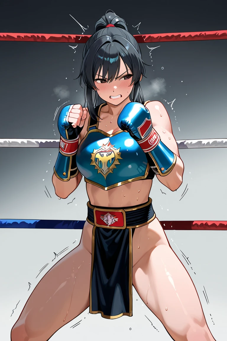 large , nsfw, masterpiece, 1 girl, erect , intricately detailed, topless, pubs, table, crowd, navel, necklace, boxing ring, boxing gloves, maid skirt, waist apron, short black hair, open mouth, extremely detailed, photorealistic, octane render, 8 k, unreal engine. horse ears, horse tail, bare breasts, pink , boxer, stage light, aqua eyes, bare stomach, sweaty, people on background, heavy breathing, fighting stance, drooling, tongue out, vomiting