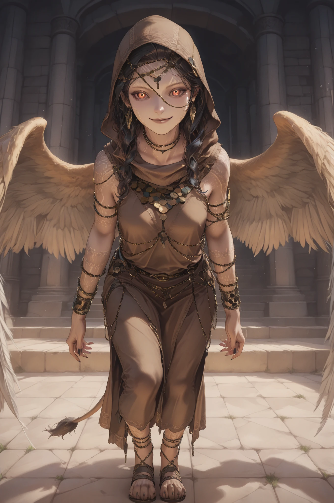 masterpiece, best quality, amazing quality, very aesthetic, high resolution, hyper-detailed, mature woman, a sphinx, small breasts,tanner skin, disguised smile expression, full body, fantasy theme, frontal view  