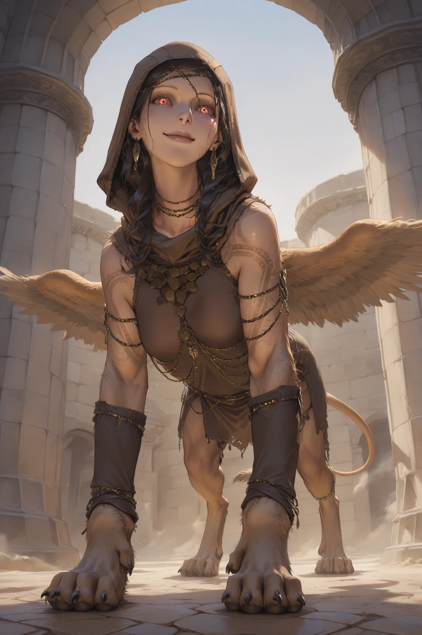 masterpiece, best quality, amazing quality, very aesthetic, high resolution, hyper-detailed, mature woman, a sphinx, small breasts,tanner skin, disguised smile expression, full body, fantasy theme, frontal view  