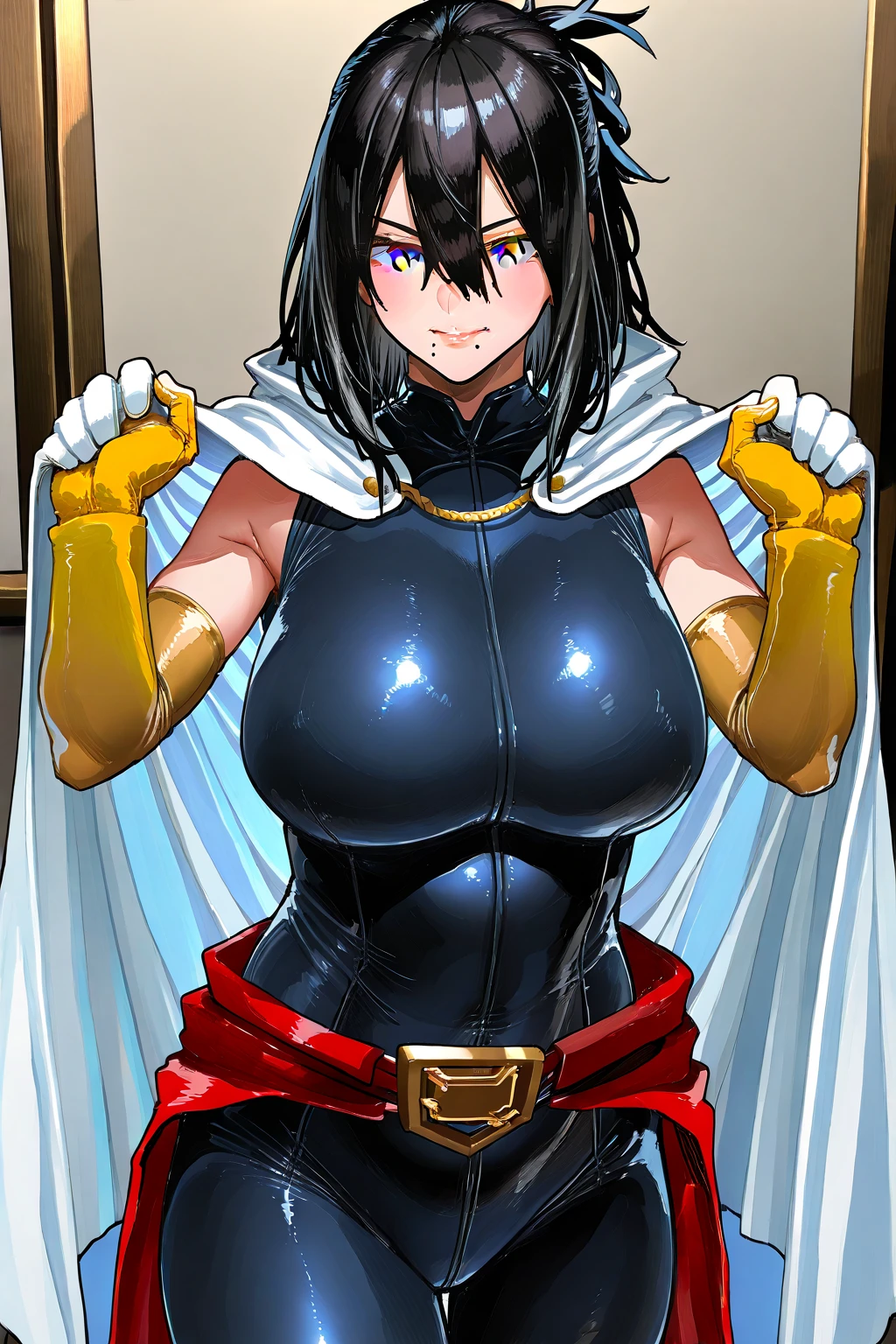 (Perfect body),highest quality,(8KP○rtrait),(anime screen cap)、NSFW、Sweat,((big breasts))、police hat、female police officer、(black hair),(bob cut)、dull bangs、yellow eyes,((thick thighs)),((big ass))、、(Navy Blue Leotard)、glare、blush、((narrow your eyes))、adult w○ man、(((embarrassing)))、(In town)、((muscular))、fingerless gloves、(thick waist)、Are standing、black boots