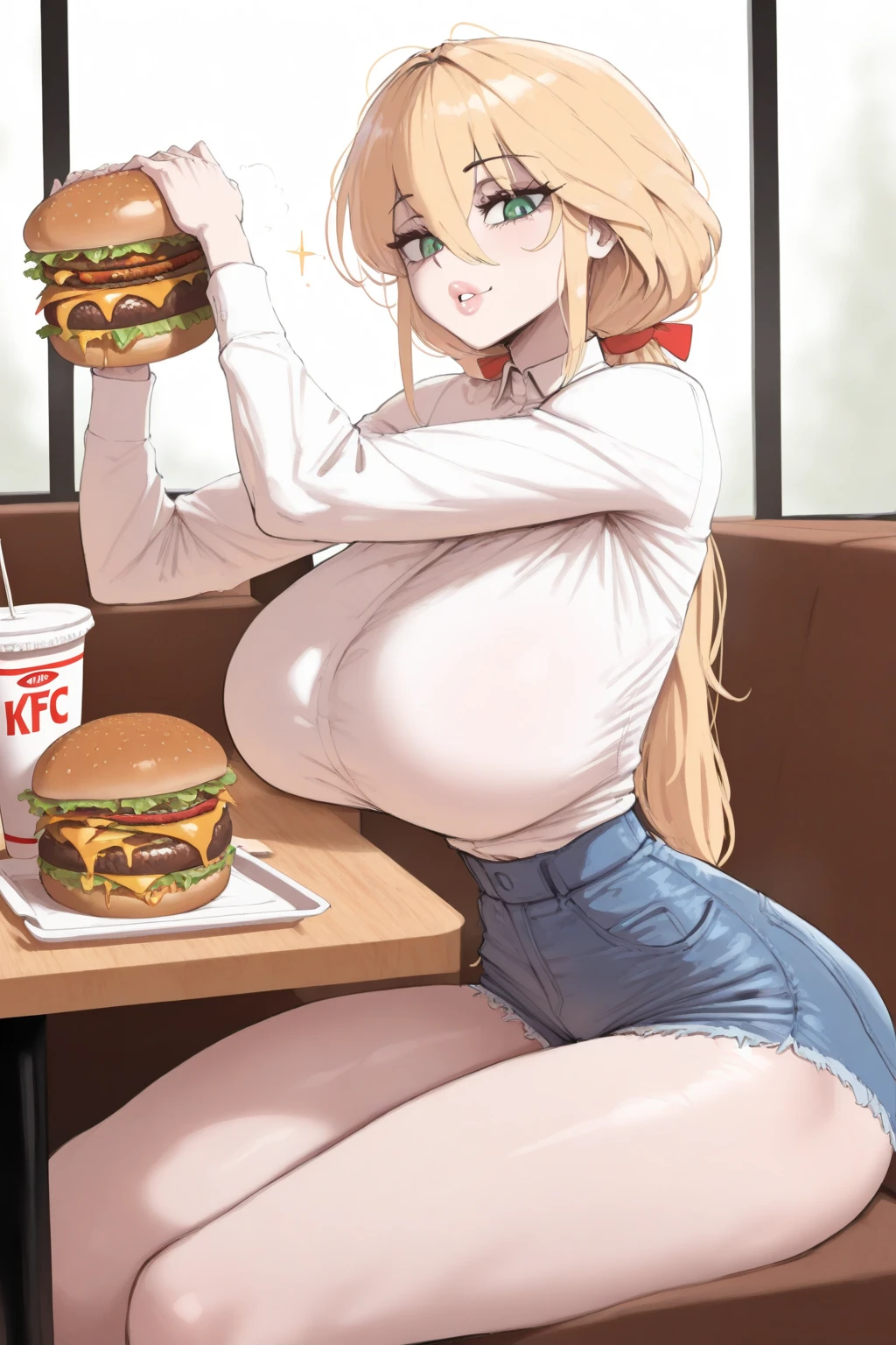Super-detailed, 8k HD, Himiko Toga (My Hero Academia), 1 girl, solo, blonde hair, detailed hand and face, busty body, curvy body, big breast, large butt, black bikini, standing in the kitchen, holding a plate of food