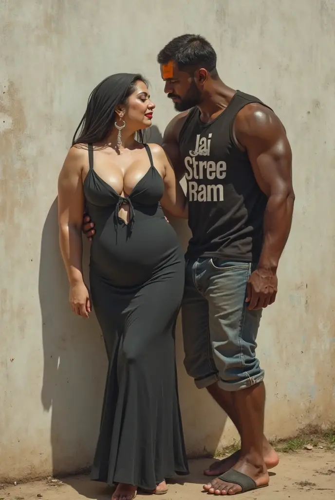 Newly wed indian couple, hot curvy white south indian milf with long hair, big breast, big hip, very big ass, thick thighs, woman wearing tight top and leggings, cleavage, indian couple, very short indian black old man with short haircut, skinny body and big moustache, man wearing shorts, woman with man, couple in house balcony, high resolution, couple looking at camera, tall woman and short man, close-up potrait, Closed Mouth, serious face, front full body view, in kitchen, bright lighting