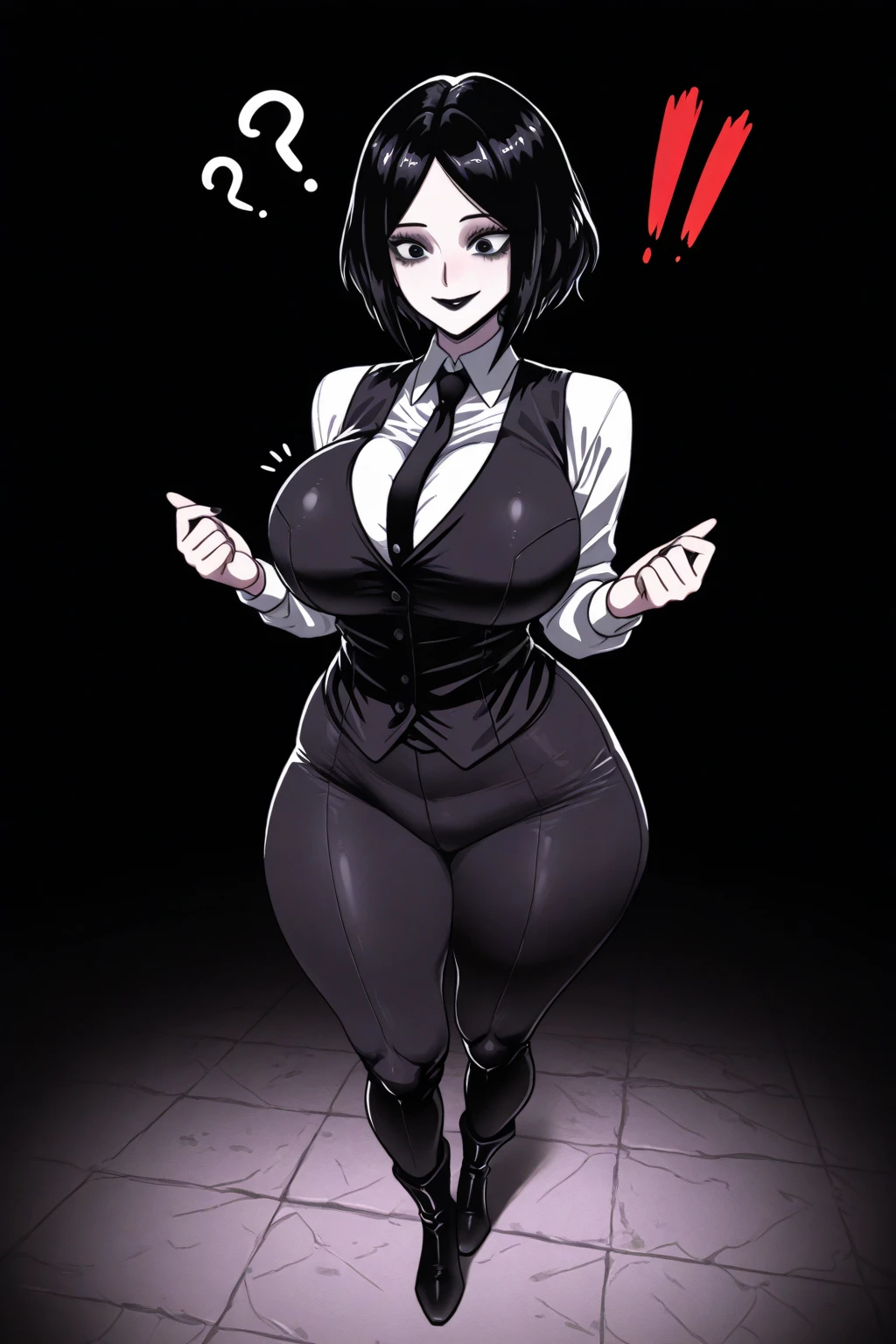 a girl with a large waist and big tits, her body marked in her clothe, she smilling