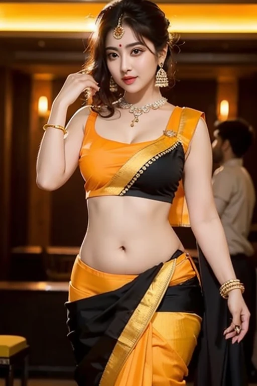 (((desi girl))), chubby face, natural skin, wearing hot deep neck top and saree, charming black hair, city streets background, bokeh