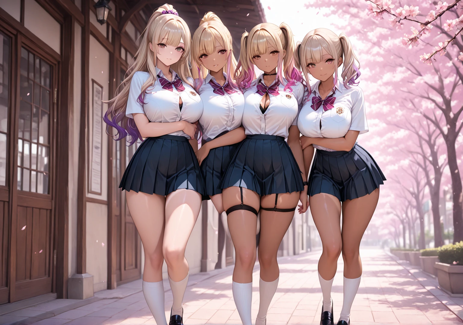 Texture CG, ((Ultra Detail Art)), ((master piece)), (extremely details CG),Multiple girls,3girls,harem , school gals ,school gyaru ,((((school unifrom))),skirt ,(((pleated mini skirt)))), white shirt, school bag, bag , beautiful legs,from below, wind lift, panty shot, show off panties, (string panties),long hair, blonde hair, brown hair, pink hair, silver hair, Curve, Beautiful detailed eyes , gleaming skin, bracelet, ,hair ornament, hairclip, jewelry, open mouth ,light smile, embarrassed:1.4,