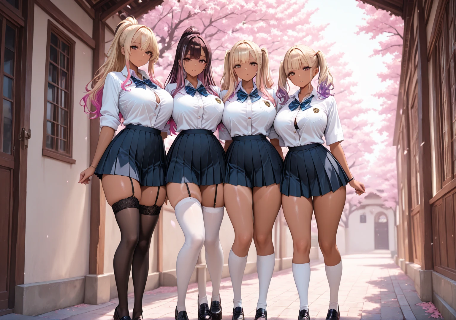 masterpiece, Highest quality, In detail, 5, (beautiful girl), cute, (tits), (A group of high school girls lift their skirts to show their pussies), No panties, multiple