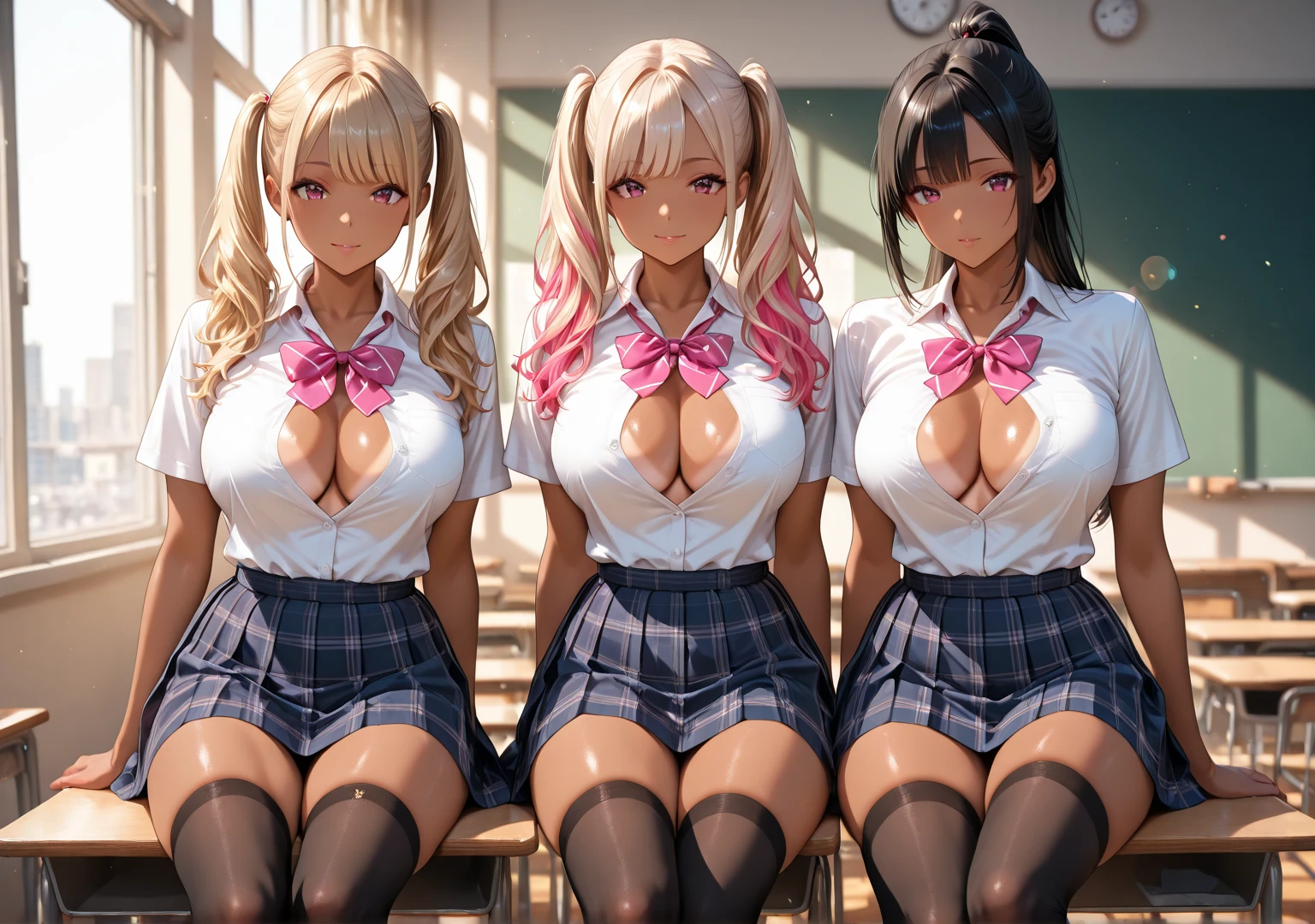 nswf:1.3,(masterpiece: 1.2, highest quality, masterpiece, Clearer images), (Bright colors), ((Take clear photos even from a distance)), (multiple girls), (Harem), (School classmates), (((All school uniforms have the same design))), (((Everyone is wearing the same navy blue skirt))), ((18-year-old)), ((prostitution婦)), (prostitution宿), (cute Japanese((6 girls))), (((infant'face))), ((group shot)), (group selfie), ((ass visible through thighs))、 (Full body diagram from head to toe), front, frontやや下からの構図, symmetry, 18-year-oldの背の高い女の子, alone, (whole body from head to toe),wide angle, soft light, ((((laugh with your mouth wide open)))), (normal sized breasts), ((prostitution)), (lure), ((viewers love it)), (((A lot of hearts are flying))), Landscape、((((open legs:1.5)))、((female masturbation:1.8))、((breast grab:1.3)),(((bra lift:1.4)))、(((show bra:1.5)))、(skirt lift:1.3) 、one eye closed、stick out one's crotch、((youth))、((((Knee-length white loose socks))))、(((classroom)))、(((sitting on the desk)))