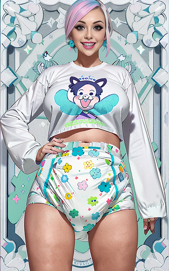 Sexy busty woman wearing (big diaper) magical, colorful, detailed, surprised, happpy, large breasts, wide hips, seductive, ((mommydom)), bokeh, (latex), cleavage
