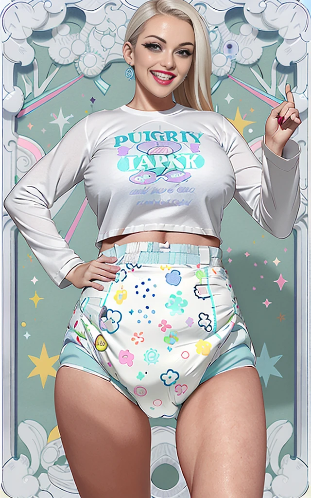 Sexy busty woman wearing (big diaper) magical, colorful, detailed, surprised, happpy, huge breasts, wide hips, seductive, ((mommydom)), bokeh, (latex), cleavage