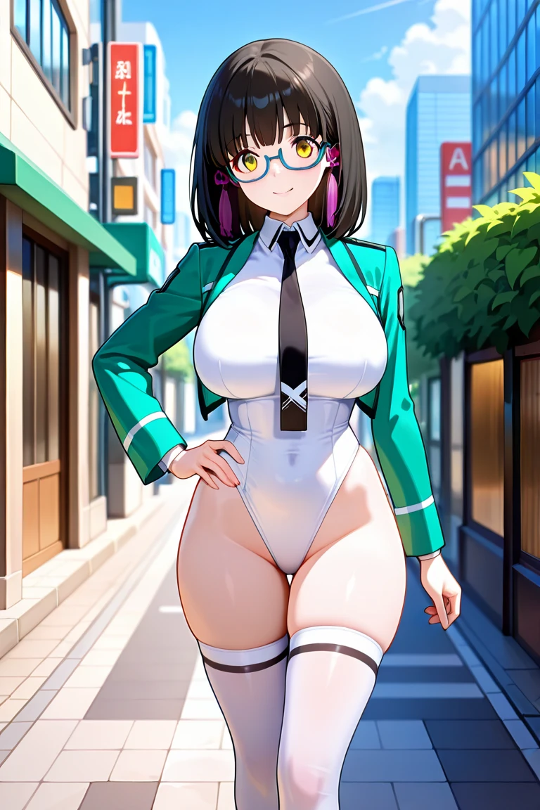 A luxurious office woman with a huge chest and curly hair, her eyes are yellow and her face is anguished by selfish, honest, happy, evil humor, and she is wearing a dark black office shirt, showing a scooter and a red coat, and underneath, tight shiny black pants, and she is wearing a huge pair of sneakers. sexy thigh and carries a cup of coffee